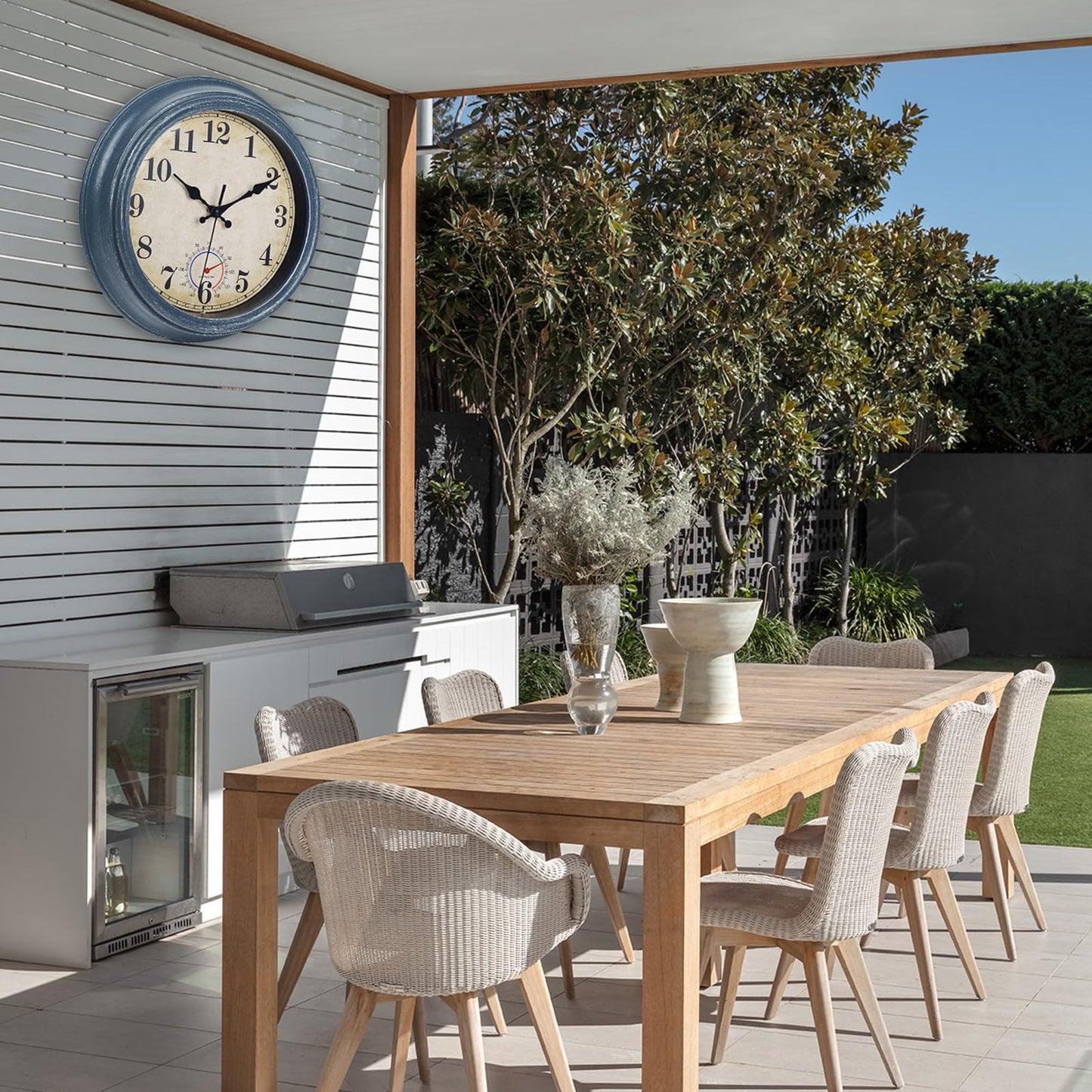 Horizent Outdoor Clocks Waterproof with Thermometer Rustic Coastal Wall Clock Decor for Patio Pool Garden(12 Inch,Blue)