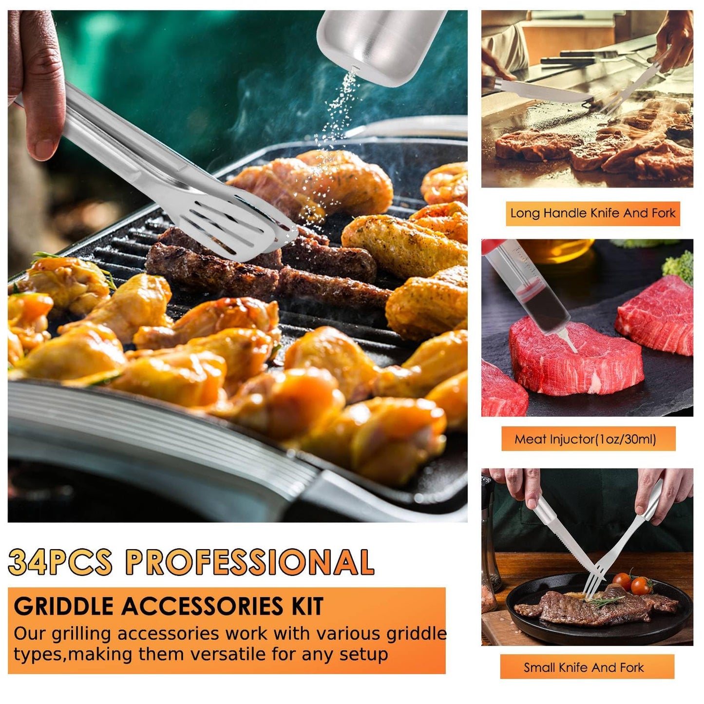 Yoehka BBQ Grilling Accessories Set, 34Pcs Heavy Duty Grill Tools for Outdoor Camping, Grilling Gifts for Men Dad, Stainless Steel Barbecue Utensils Kit with Mats and Glove in Carrying Bag, Brown