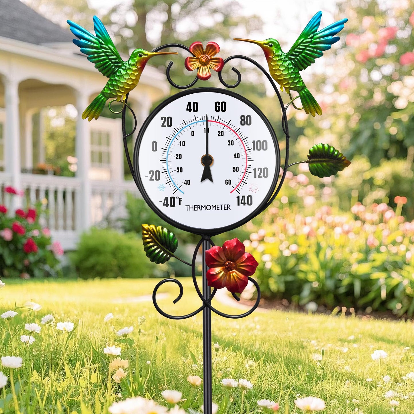 Hummingbird Outdoor Thermometer with Stake Waterproof - Hanging Wall Indoor Outside Thermometer for Patio Garden Yard Porch Room Decor, Easy to Read No Battery Required