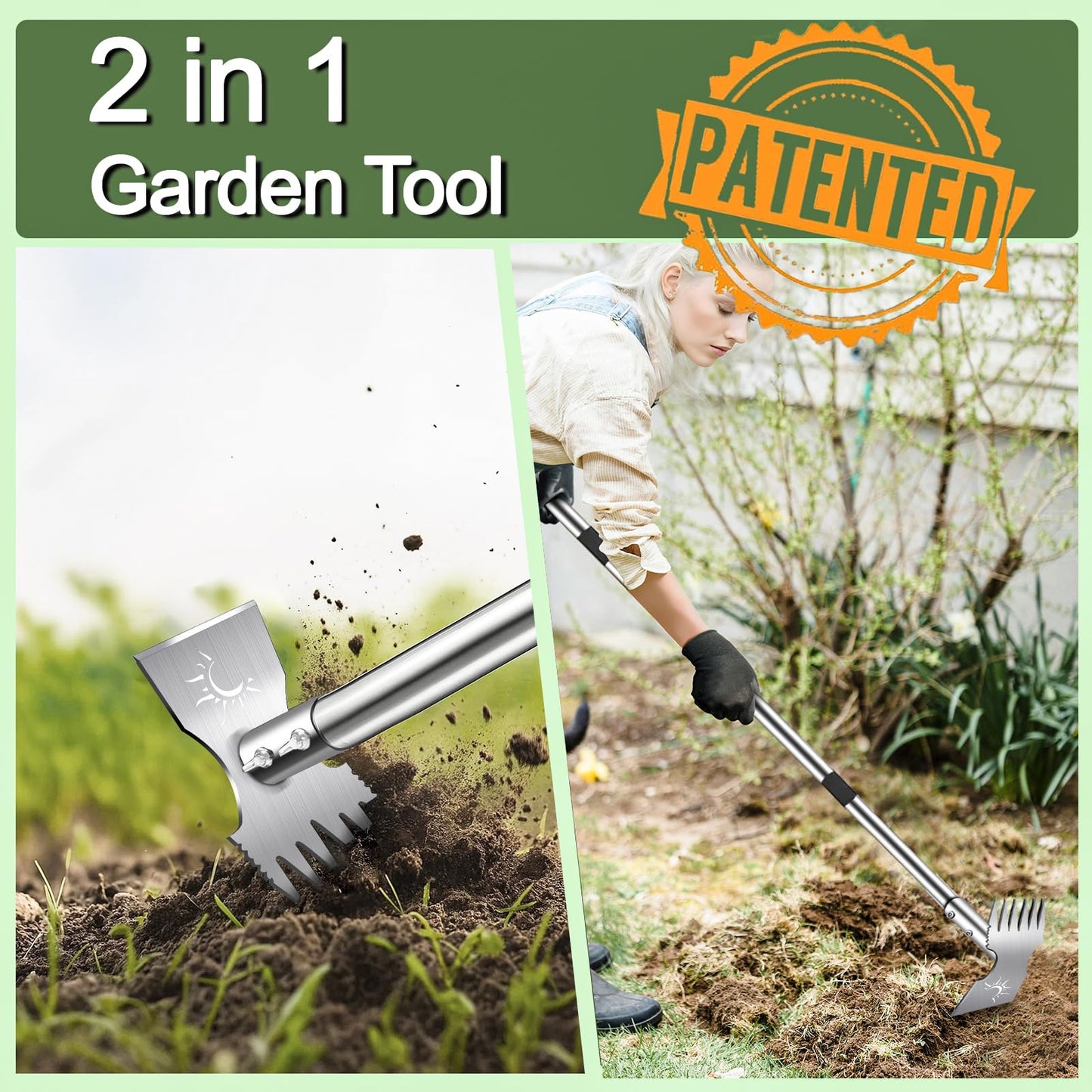 Weed Puller Tool with Long Handle, 60inch Manual Weed Puller Tool,2 in 1 Hand Weed Rake,Heavy Duty Garden Hoe,Uprooting Weeder Remover for Garden (Chrome(Stainless Steel), 60" Long Handle)