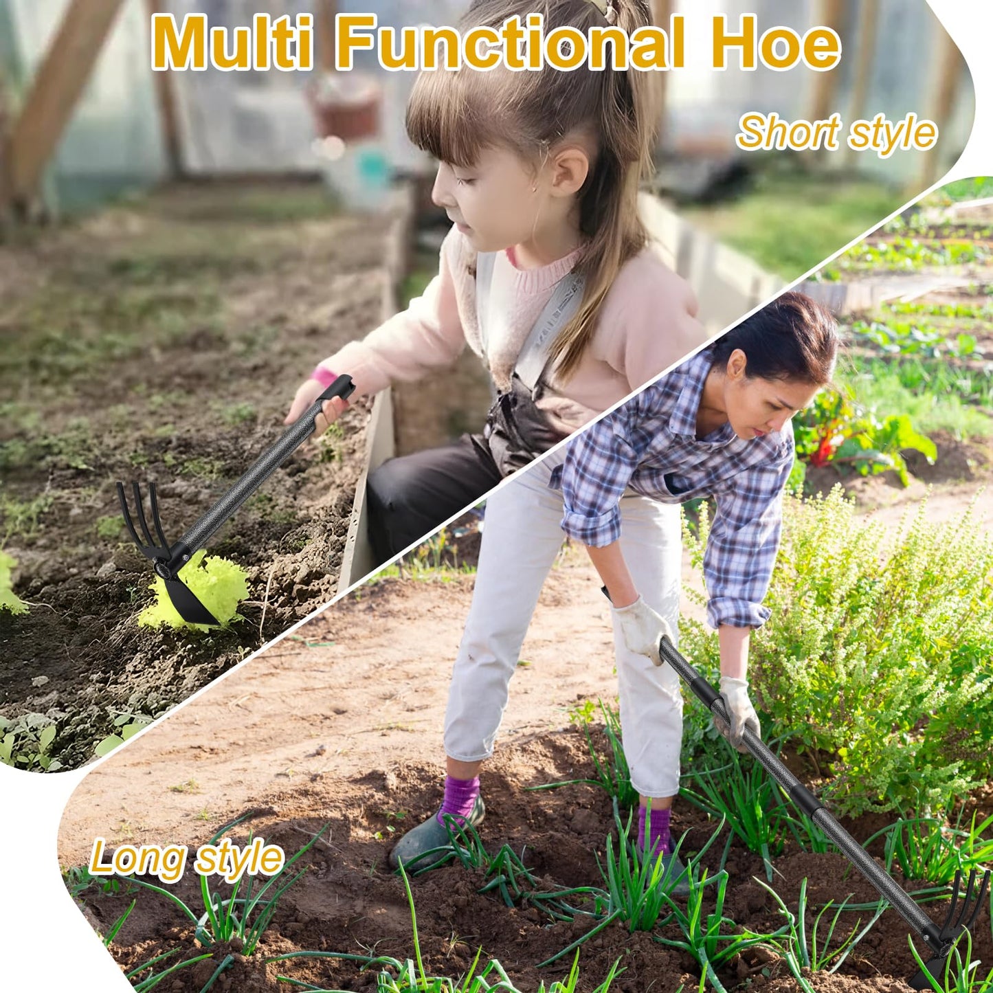 Lilyvane Garden Hoe, 2 in 1 Hand Hoe Garden Tools,45 Inch Long Handle,Garden Hoe and Cultivator for Weeding Cultivating Planting, Small Hand Rake Tiller for Flower Bed Gardening, Loosening Soil
