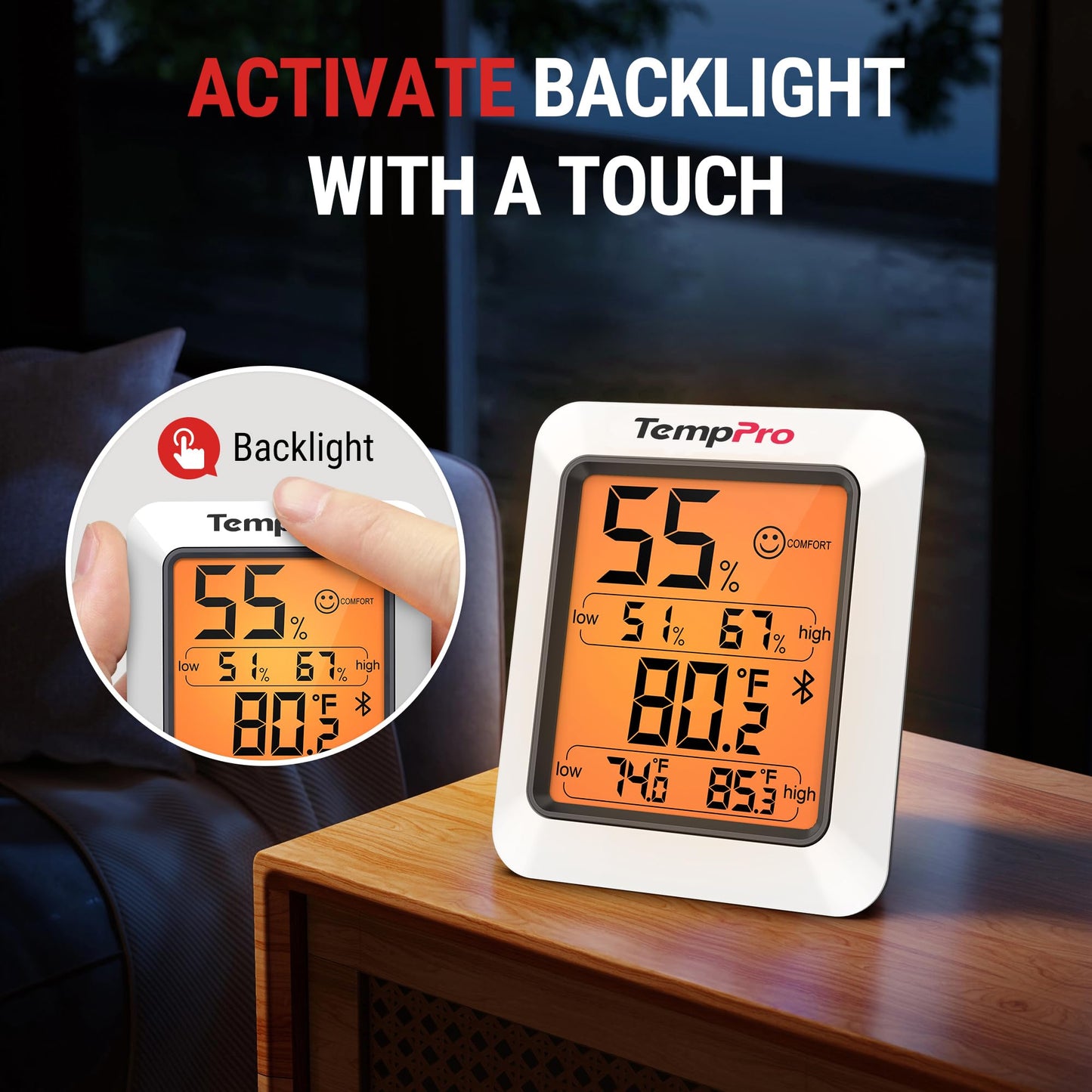 TempPro Hygrometer Thermometer for House, Bluetooth Room Indoor Greenhouse Thermometer Monitor Up to 260FT, Backlit Humidity Meter Temperature Sensor with 2-Year Data Export(Previously ThermoPro)
