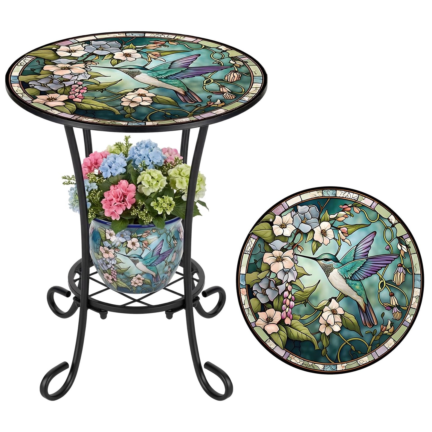 Cinnvoice Outdoor Side Table 2-Tier Round Small Mosaic Patio Accent Indoor End Plant Coffee Tea Table for Yard Patio Porch Garden Living Room, Bedroom(Hummingbird Style,14 Inch)