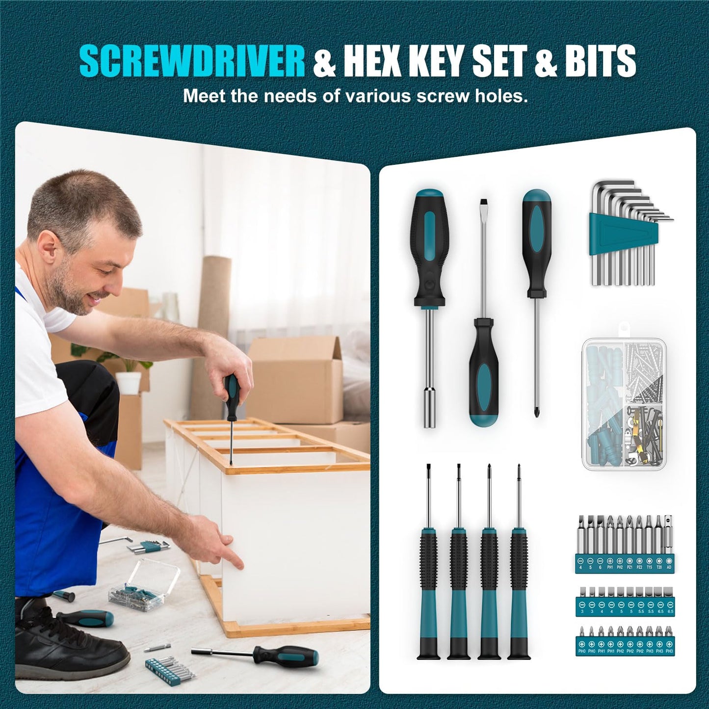 Sundpey Tool Kit 206PCs with Drill - 12V Cordless Power Drill Combo Home Tool Set - Portable Basic General Household Toolbox for Men Women for Garden Office House Repair (Screwdriver Set & Pliers Set)