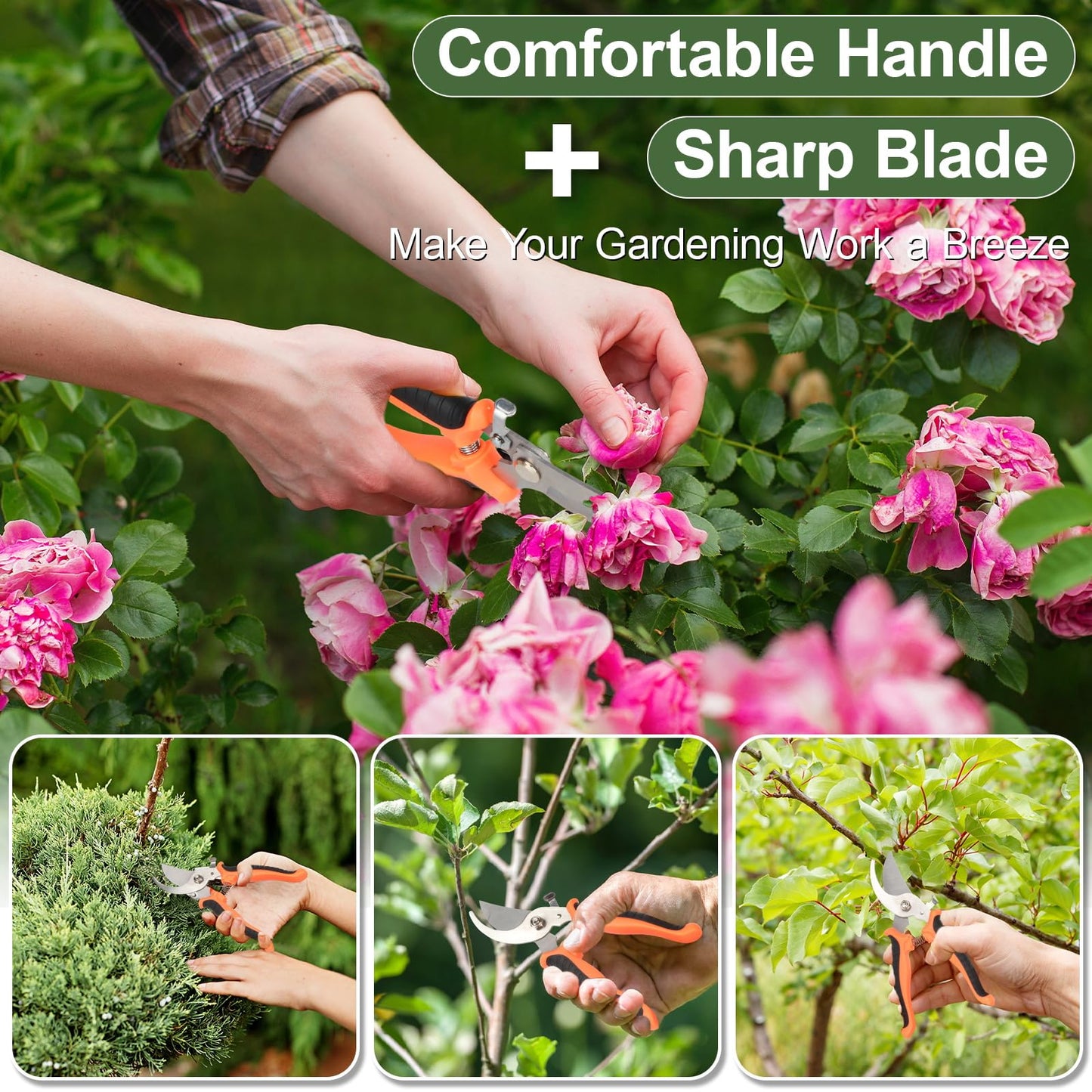 Hungsual Pruning Shear, Premium Gardening Scissors for Rose Bushes, 7.5IN Garden Pruner Effortlessly Cuts 0.6IN Branches with Stainless Steel Blades Softgrip, One-Hand Lock Garden Clippers for Shrubs