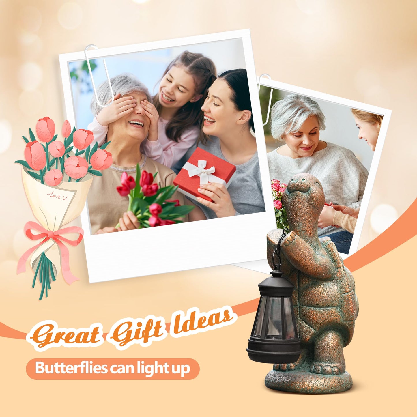 Roundot Turtle Solar Powered Outdoor Garden Statue, Resin Statue with Solar Light Lantern, Decorative Lawn, Yard Outdoor Turtle Decoration. Unique Home Decoration, Gifts for Women