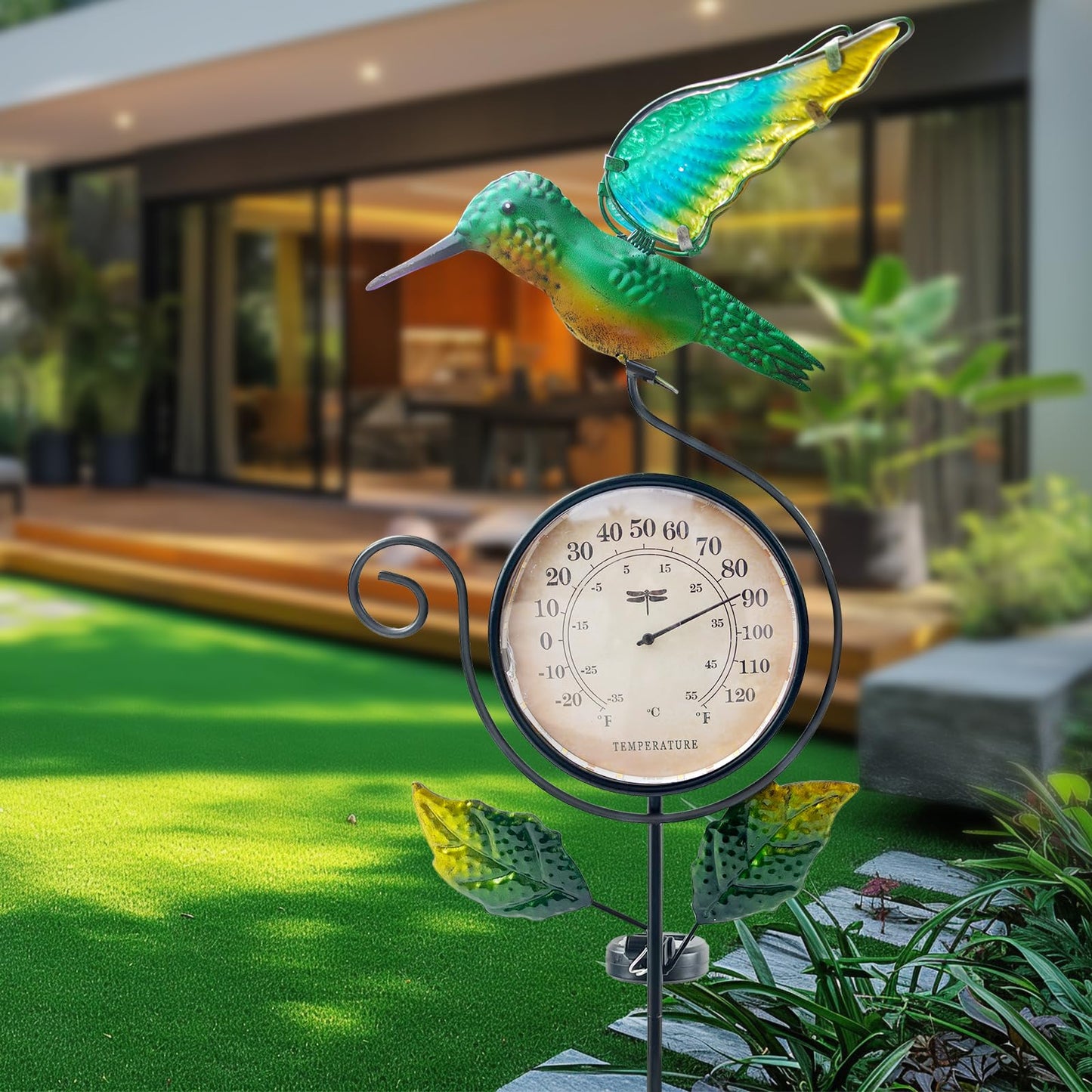 HONGLAND Outdoor Thermometer with Solar & Warm LED Lights, Metal Hummingbird Temperature Stake for Garden, Lawn, Patio, Waterproof Yard Decor