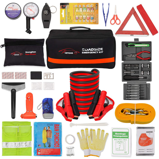 Vetoos Roadside Emergency Car Kit with Jumper Cables, Auto Vehicle Safety Road Side Assistance Kit Essentials, Winter Car Kit for Women and Men, with Mini Car Tool Set, Dial Tire Pressure Gauge