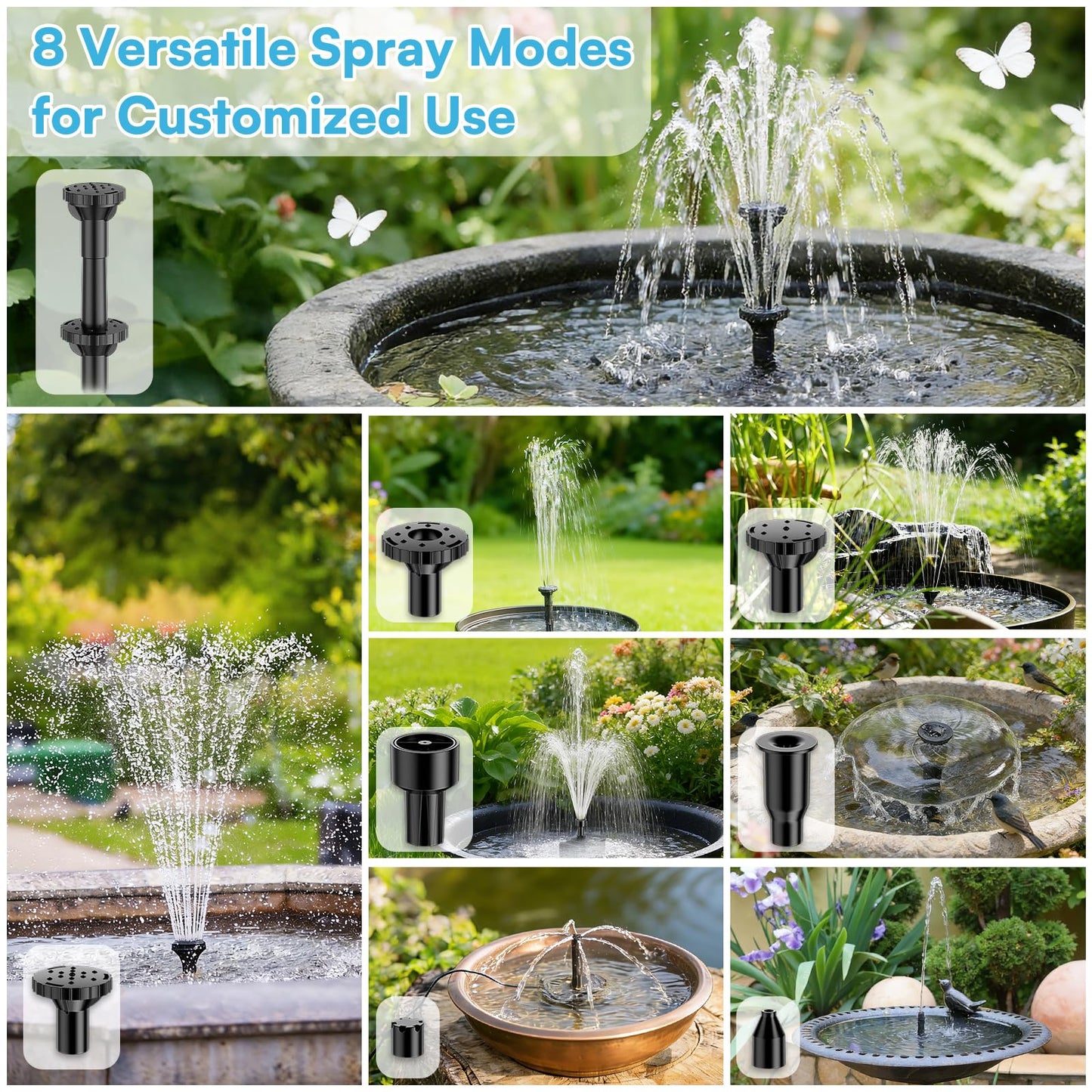 NFESOLAR 6.5W Solar Fountain Pump for Bird Bath, Solar Water Fountain with Dry-run Protection Water Pump, 8 Nozzles Modes, 5Ft Tubing for Pond, Bird Bath, Backyard DIY Water Feature Used
