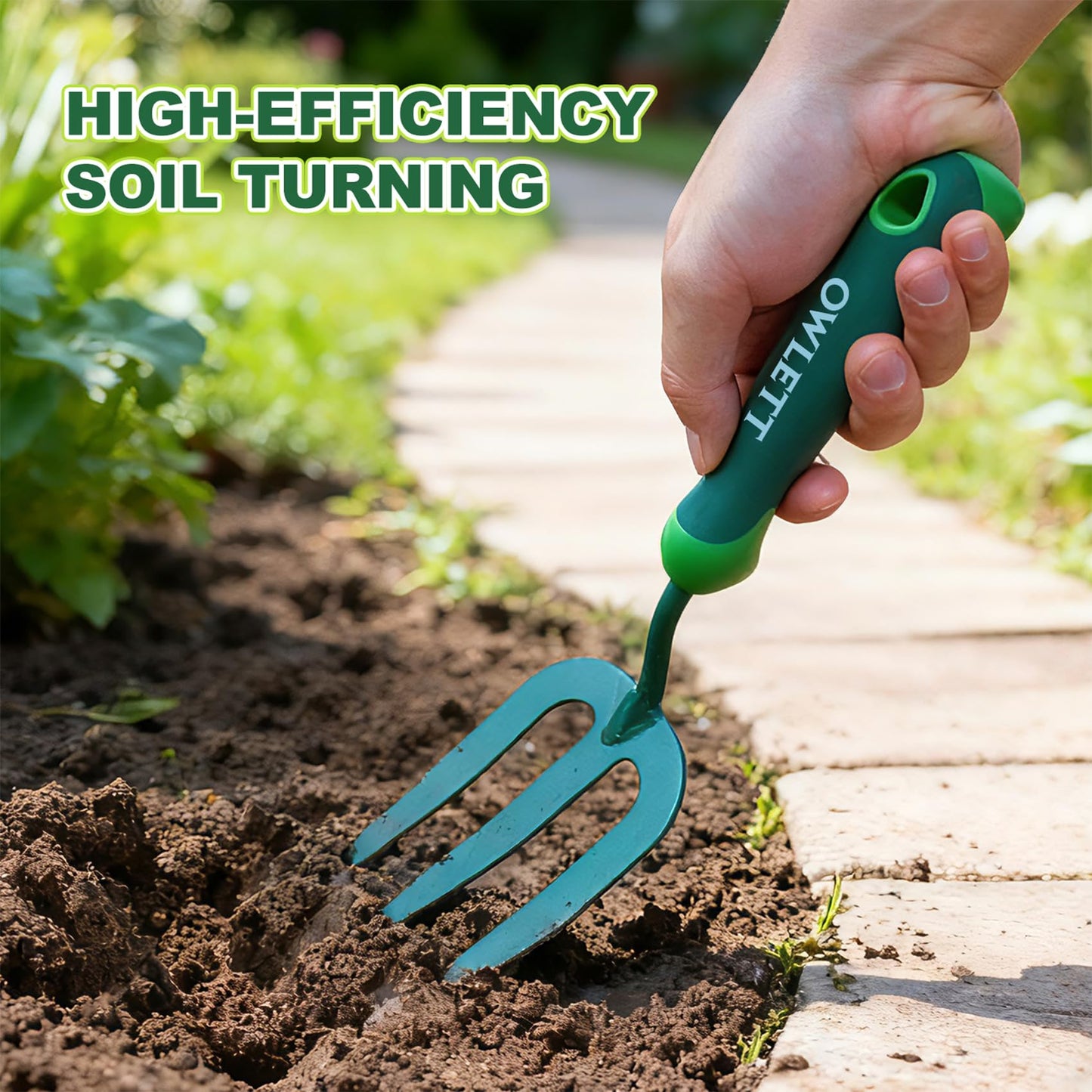 Owlett Garden Hand Fork, Carbon Steel Weeder Fork with Rubber Ergonomic Handle, Rust Resistant Small Garden Fork for Uprooting Weed, Digging, Planting, Loosening Soil, Cultivating
