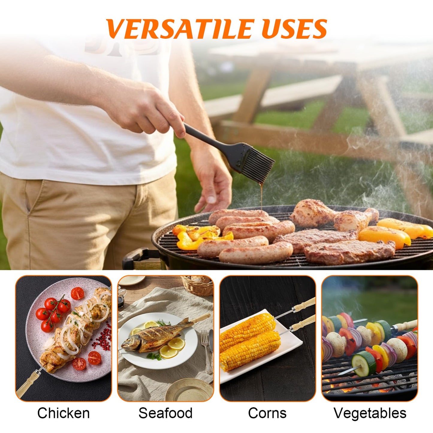 WRENYZK 24 Pcs Barbecue Skewers with Wooden Handles, Kabob Skewers for Grilling, 15.75" Stainless Steel BBQ Skewer with Basting Brush, Kabob Skewers Skewer Sticks for Camping or family