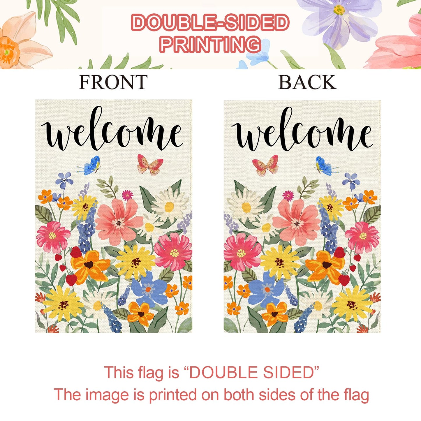 Baccessor Spring Summer Welcome House Flag Double Sided 28x40 Inch Burlap,Floral Butterflies Large Garden Flag Porch Patio Front Entry Yard Seasonal Farmhouse Outside Outdoor Decor