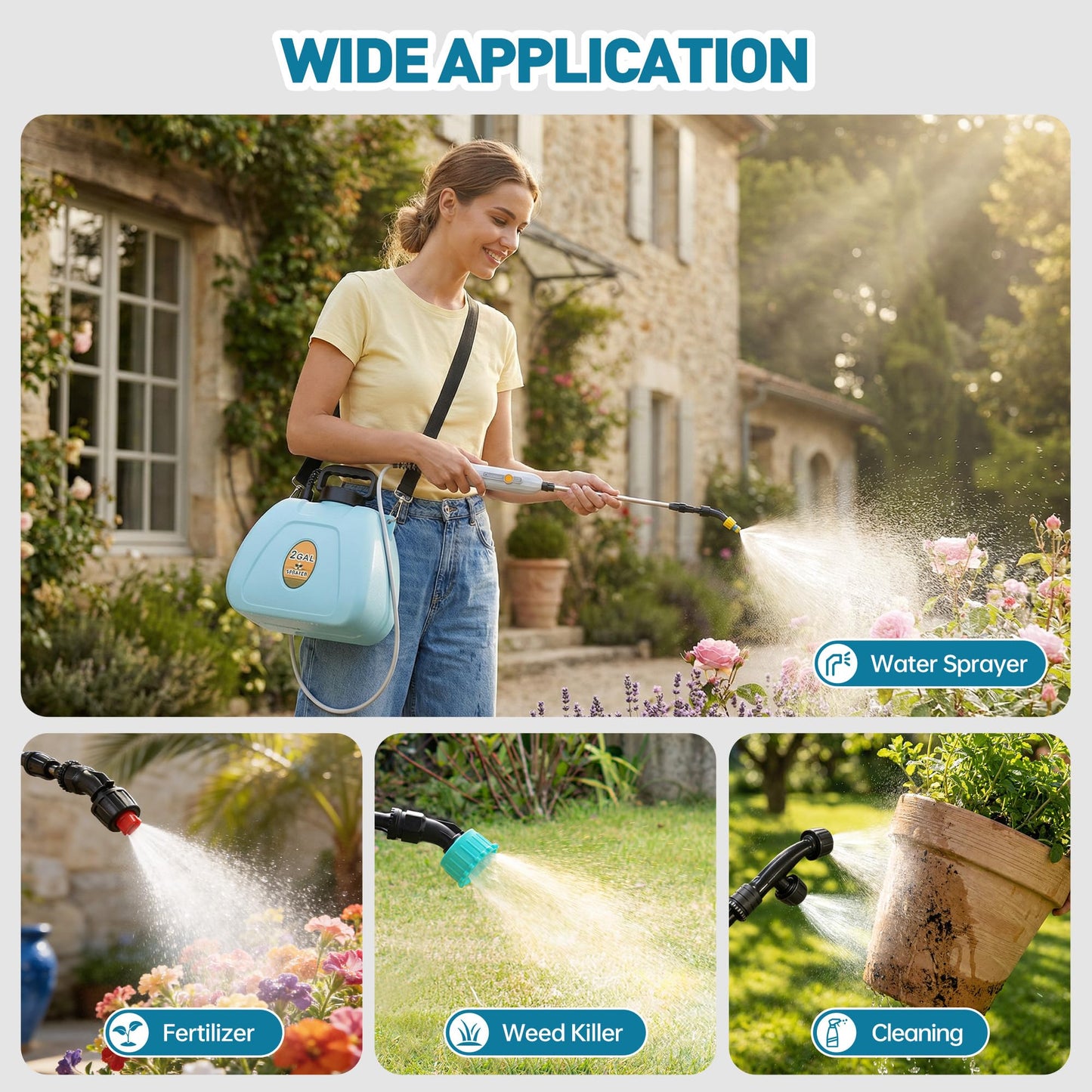 Battery Powered Sprayer, 2 Gallon Electric Sprayer Battery Operated with 4 Mist Nozzles, 2 Speeds, Battery Indicator, 41" Telescopic Wand, Rechargeable Handle, Weed Sprayer for Lawn Garden Yard