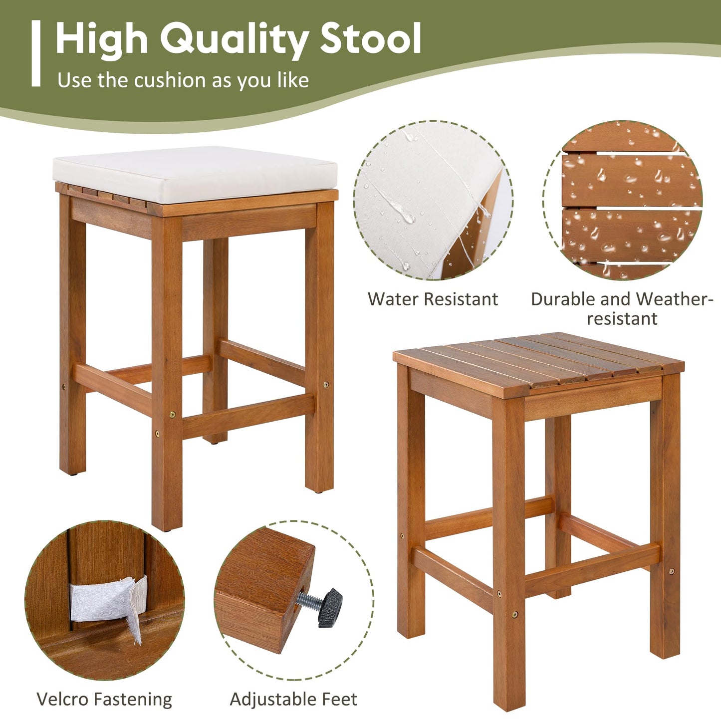 GDFStudio 5 Piece Outdoor Bar Table Set with 4 Stools, Patio Acacia Wood Bar Height Dining Furniture with Cushions, Natural Wood Counter Height Table & Chairs for Backyard, Balcony, Garden, Poolside