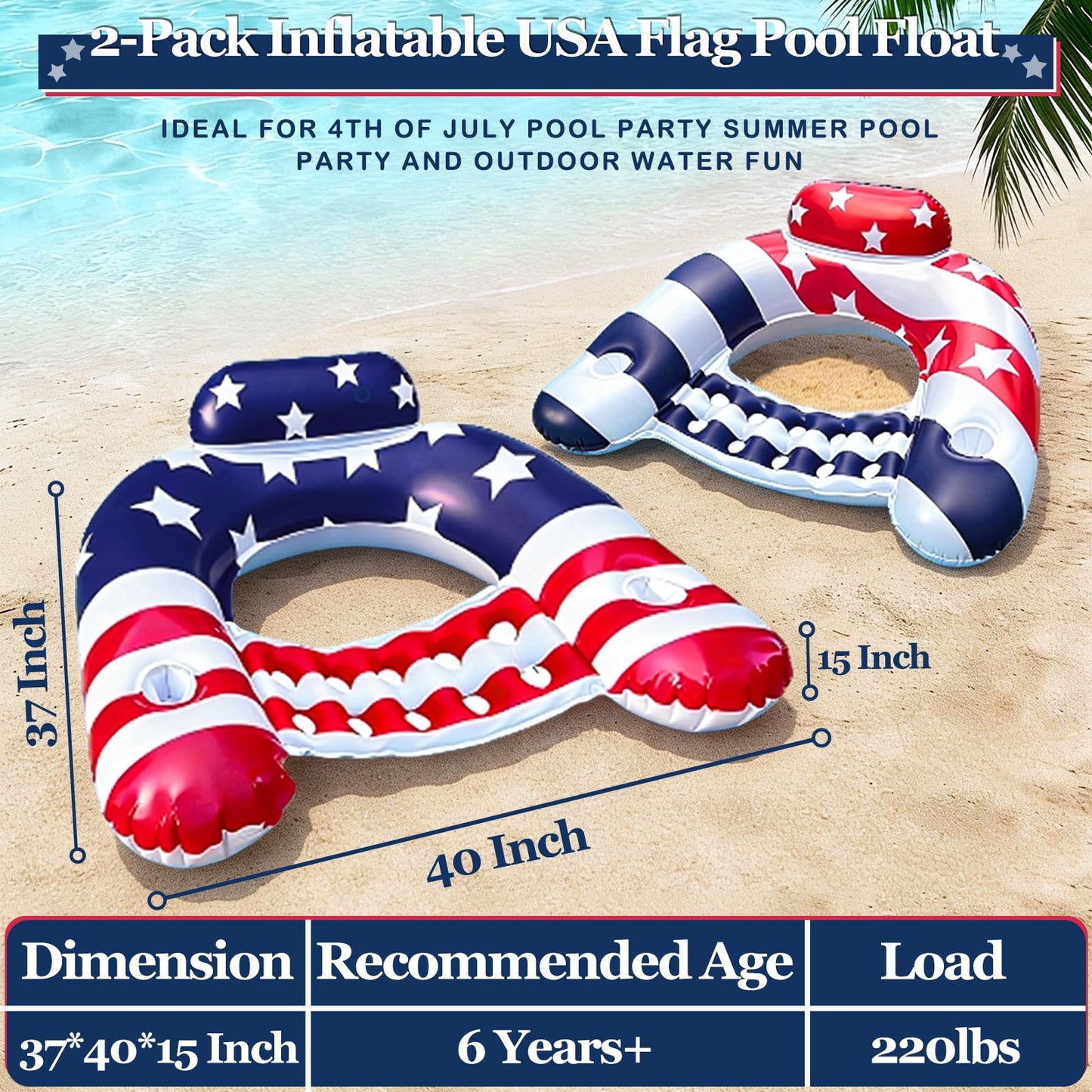 2 Pack Inflatable Pool Floats Chair Adult, American Flag Pool Lounge Chairs with Cup Holders & Backrest,Blow Up Patriotic Pool Floaties for 4th of July Party,250th Anniversary,Summer Beach Lake Party
