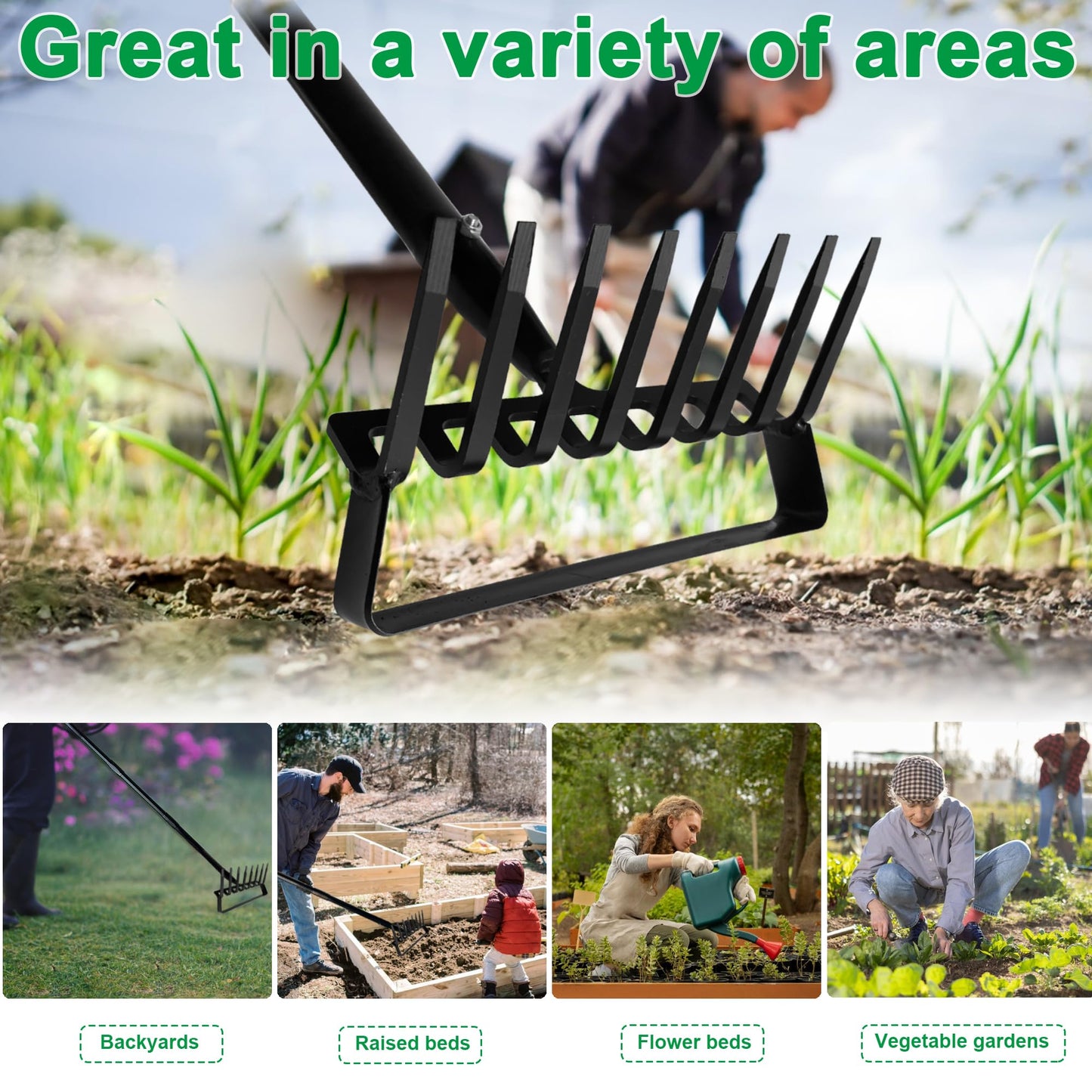 8-Tines Rake and Stirrup Hoe, Metal Garden Tiller Rake with Adjustable Long Handle, Action Scuffle Loop Hoe for Weeding, Digging, Loosening Soil