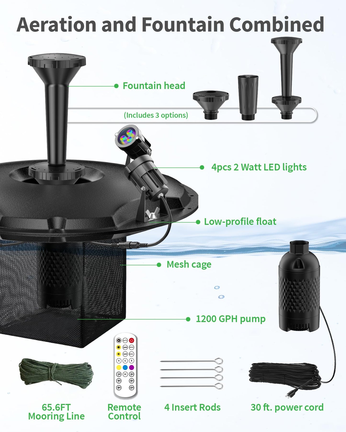 POPOSOAP Floating Fountain with LED Lights, Pond Fountain and Aerator Complete Kit with 1200GPH Water Pump 30FT Power Cord, 3 Spray Styles for Ponds, Pool, Lakes & Water Gardens P145