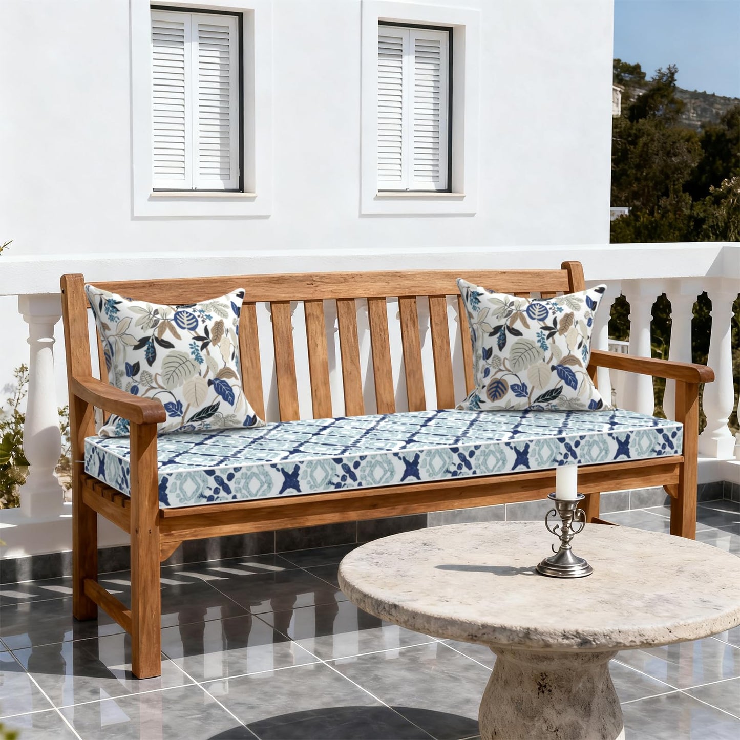 LVTXIII Extra Long Bench Cushion with Ties, 54x18 Inch Water-Repellent Outdoor Seat Cushion, 3" Thick Foam Pad for Large Patio Bench, Garden Seat, Porch Glider, Boho Geometry Blue