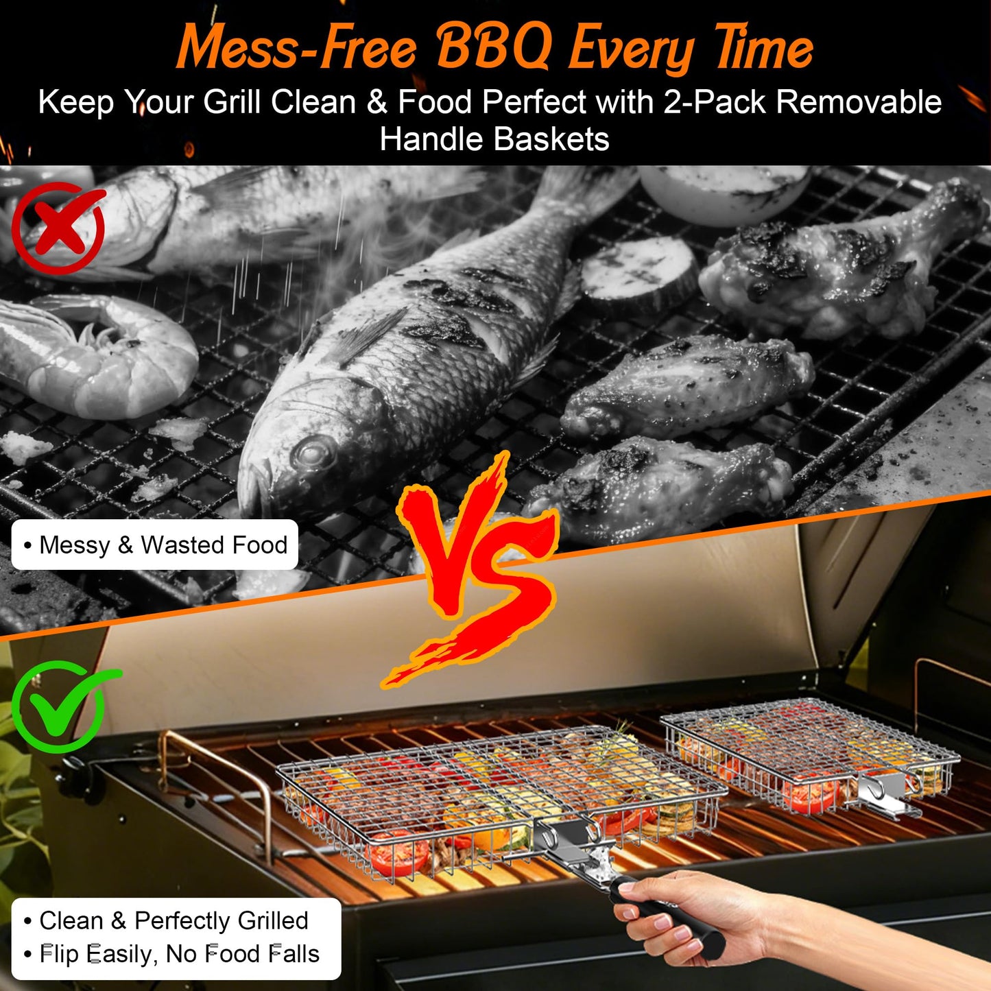 Grill Baskets for Outdoor Grill, 2PCS BBQ Grilling Basket with Removable Wooden Handle, Stainless Steel Camping Cooking Grill Accessories for Meat Fish Vegetable Seafood, Gifts for Men Dad Husband