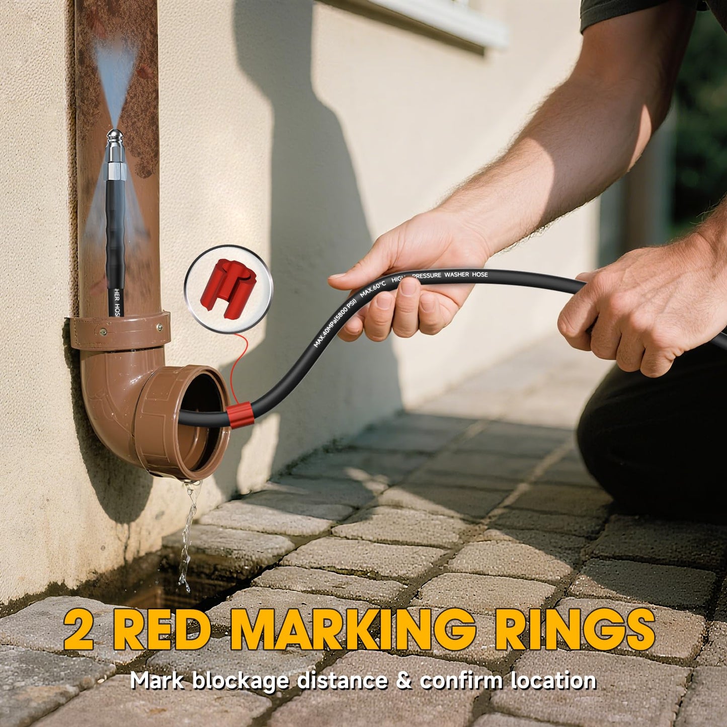 TUTULUCK Sewer Jetter Kit for Pressure Washer 50ft – 5800PSI Drain Jetter Hose 1/4 Inch NPT Corner with Watering Spray Nozzle, Rotating and Button Hose Sewer Jetting Nozzles & Easy-to-Store Strap