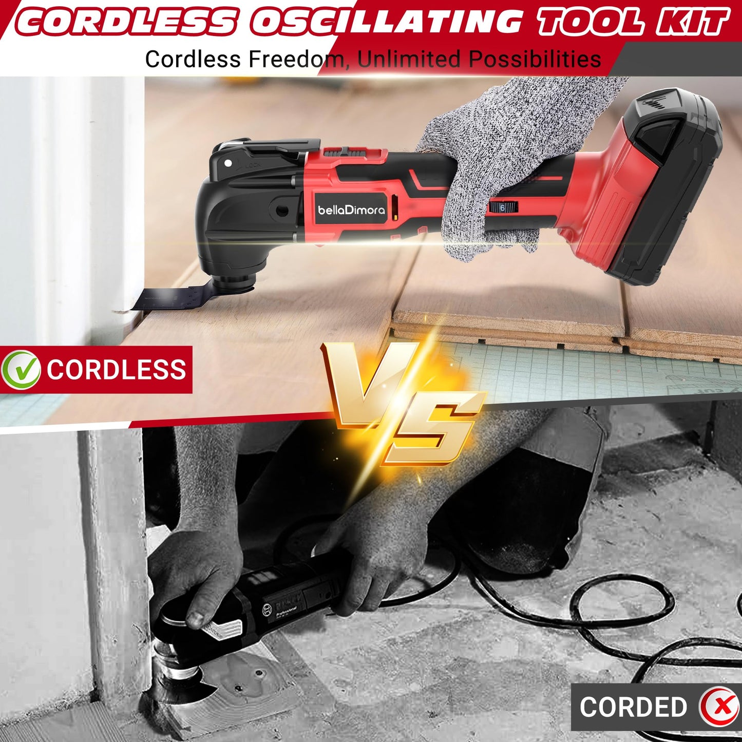 bellaDimora Cordless Oscillating Multi-Tool Compatible with Milwaukee M18 Battery, Brushless Motor, 6 Variable Speeds, 23-Piece Accessory Kit for Cutting Sanding Scraping (No Battery)