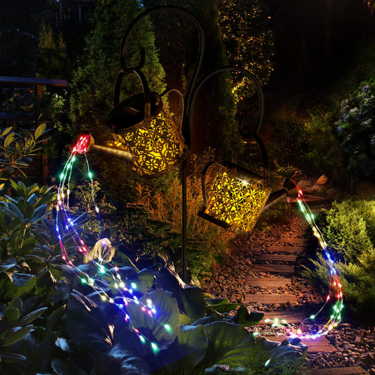 Merear Solar Watering Can Lights Outdoor with 8 Multi-Color Changing Modes, IP65 Waterproof Landscape Light Garden Decor, One Pole Two Lights Outside Decorations for Lawn, Backyard, Patio, Chrismas