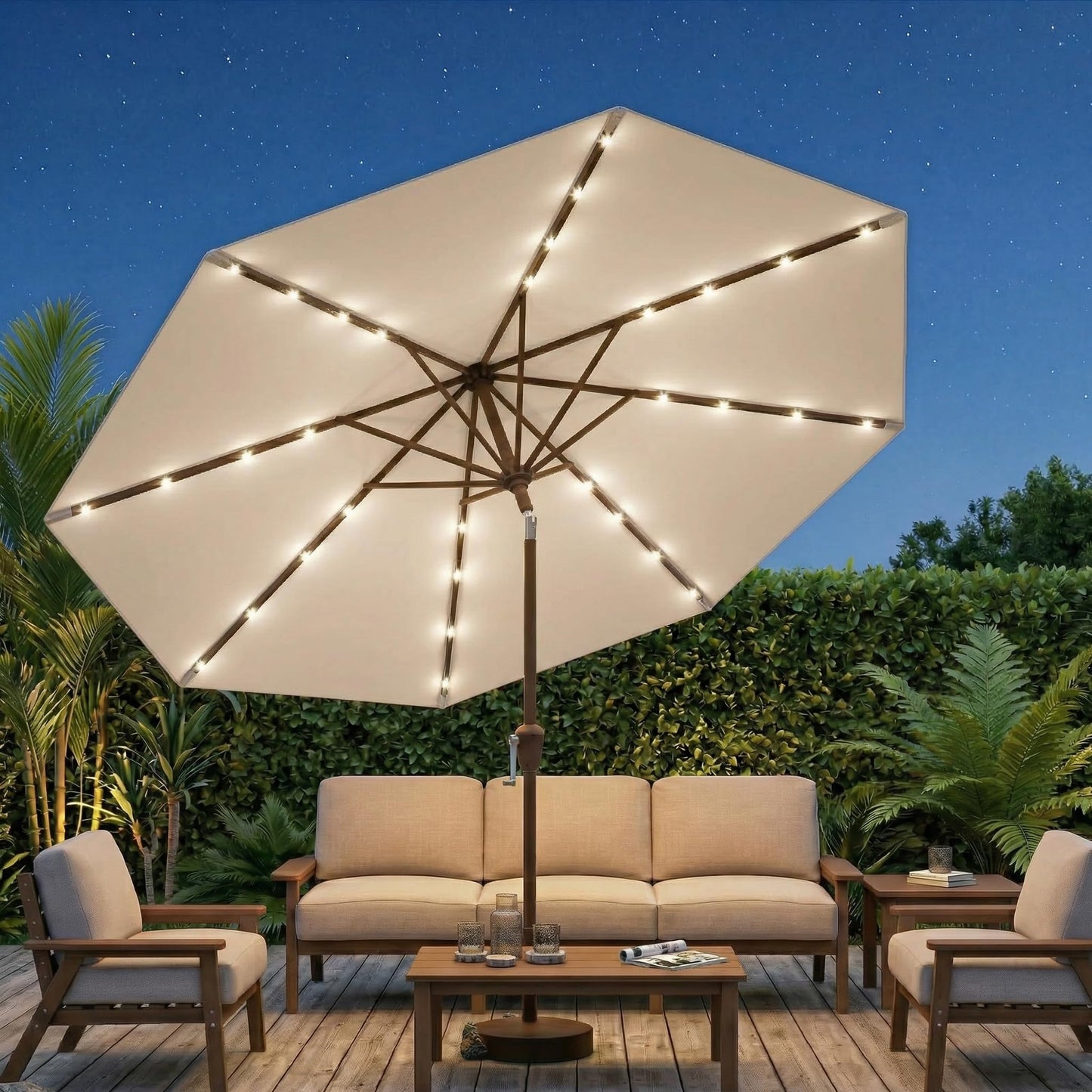 Patio Kingdom 10FT Solar Patio Umbrella with Lights, Outdoor Table Market Umbrella with 32 LED Lights, 8 Sturdy Ribs, Push Button Tilt and Crank for Pool, Deck and Garden, UV-Resistant, Beige