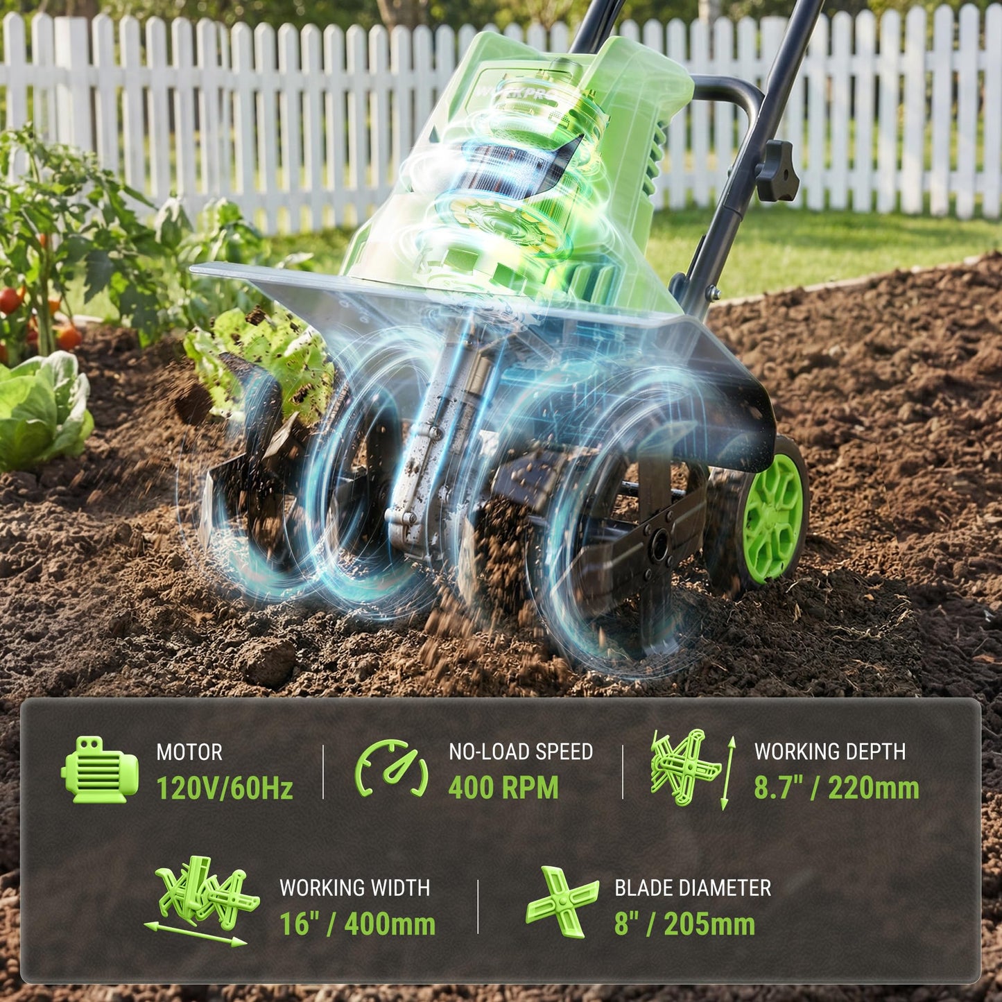 WORKPRO 12.5 Amp Electric Garden Tiller & Cultivator, 16" Tilling Width & 8.7" Depth, 6 Steel Tines, 4-Position Adjustable Wheels, Safety Switch, Corded Rototiller for Garden, Lawn & Flower Beds