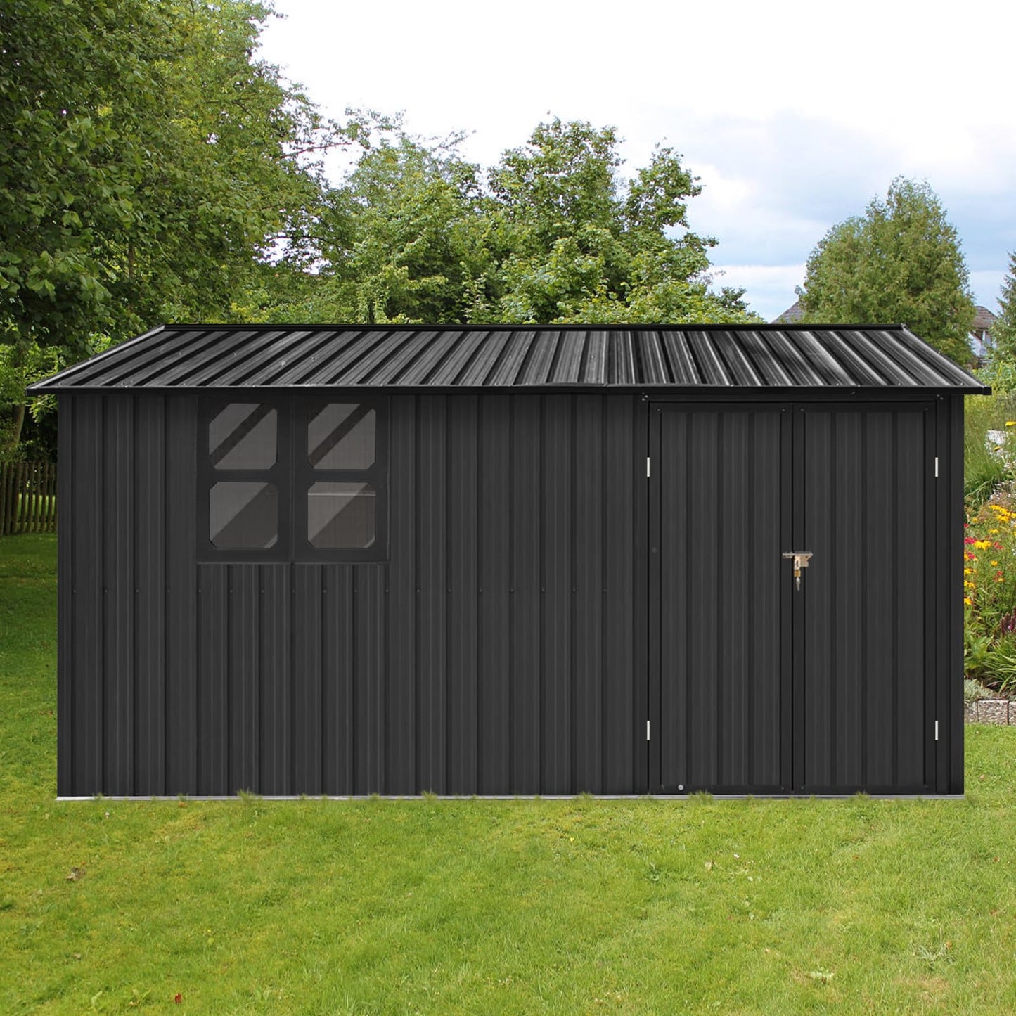 KEIKI 12x10 FT Metal Garden Shed with Window & Storage Shelves, Outdoor Storage House, Apex Roof Ventilated Utility Shed with Hinged Door for Backyard Tool Organization, Lock Included, Black