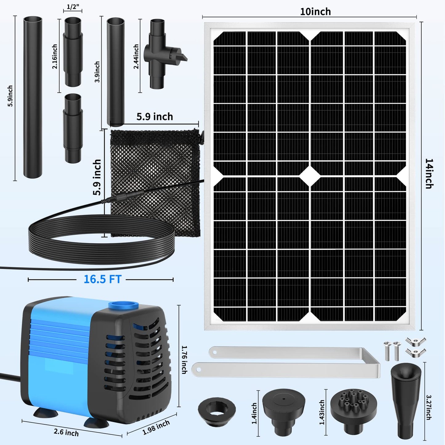 Solar Pond Pump, 15W Solar Fountain Pump with 190GPH Flow & 4 Spray Styles, 16.5Ft Extendable Power Cord, Debris Barrier Bag for Outdoor Fountain, Ponds, Fish Tank, Waterfall, Garden Water Features
