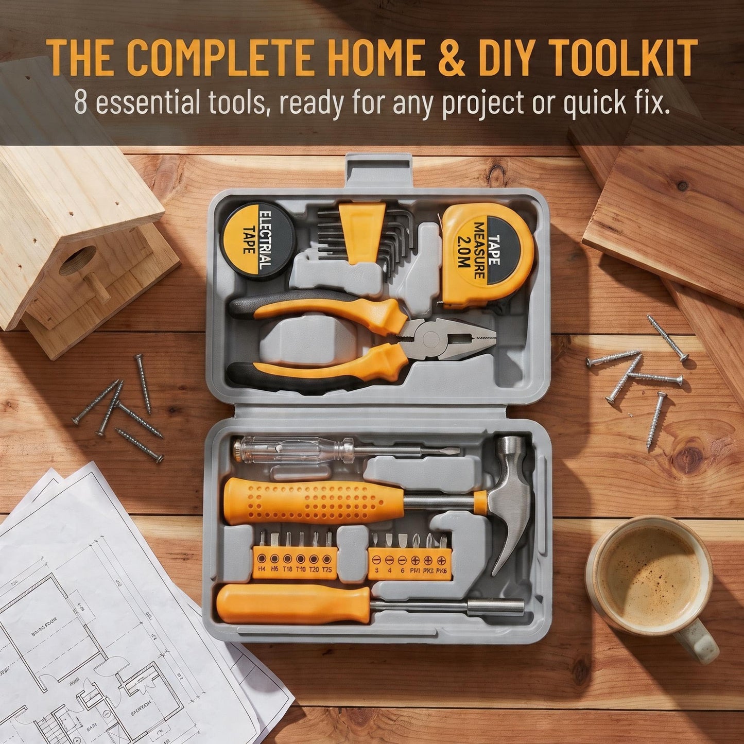 Tool Kit, 8 Piece Home Repair Set with Tape Measure, Hex Keys, Pliers, Hammer, Screwdrivers, Electrical Tape, Gray Case (Green)