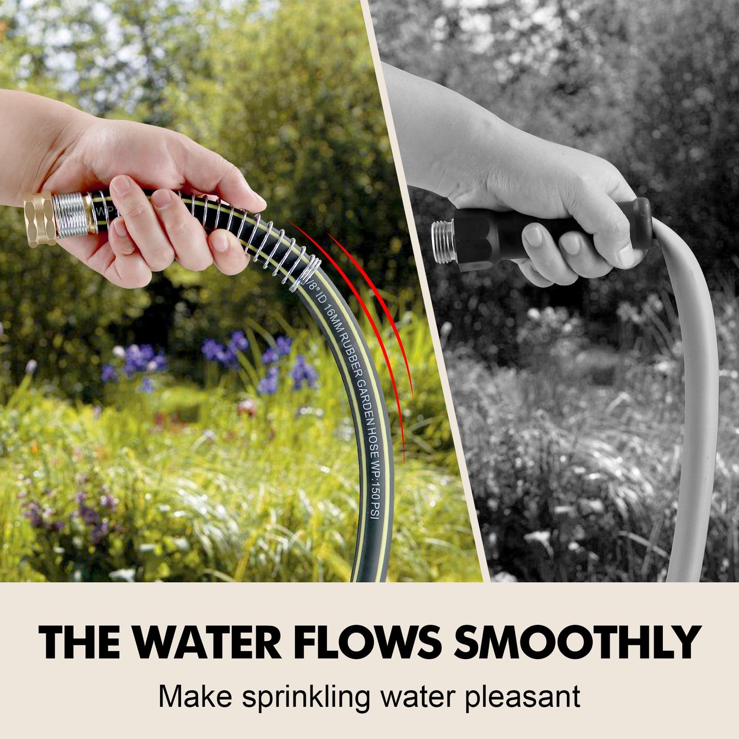 Wurzberge Lightweight Rubber Garden Hose 50 ft, 5/8" Hybrid Rubber Hose with Solid Brass Fitting, Water Hose Pipe for Outdoor, Cleaning & Washing