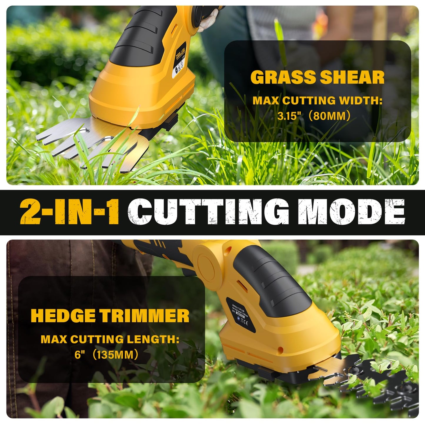ZEGJAW 7.2V Cordless Hedge Trimmer & Grass Shears, 2 in 1 Electric Handheld Shrub Trimmer, Lightweight Rechargeable Bush Trimmers for Yard, Lawn, Garden