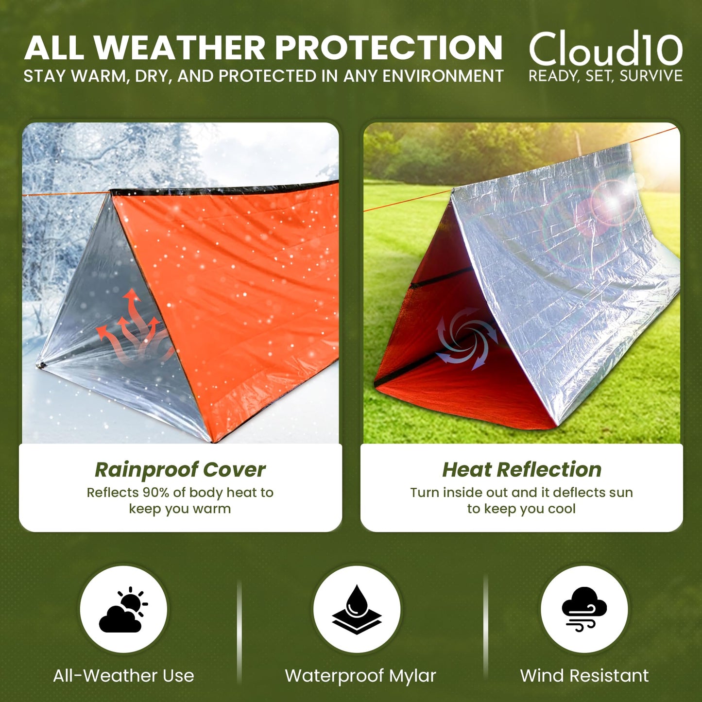 CloudTen Emergency Tent: Lightweight 2 Person Survival Tent with Multi-Function Paracord Bracelets - Essential Survival Gear & Bug Out Bag Items for Preppers, Hikers, Survivalists, Campers, Boy Scouts