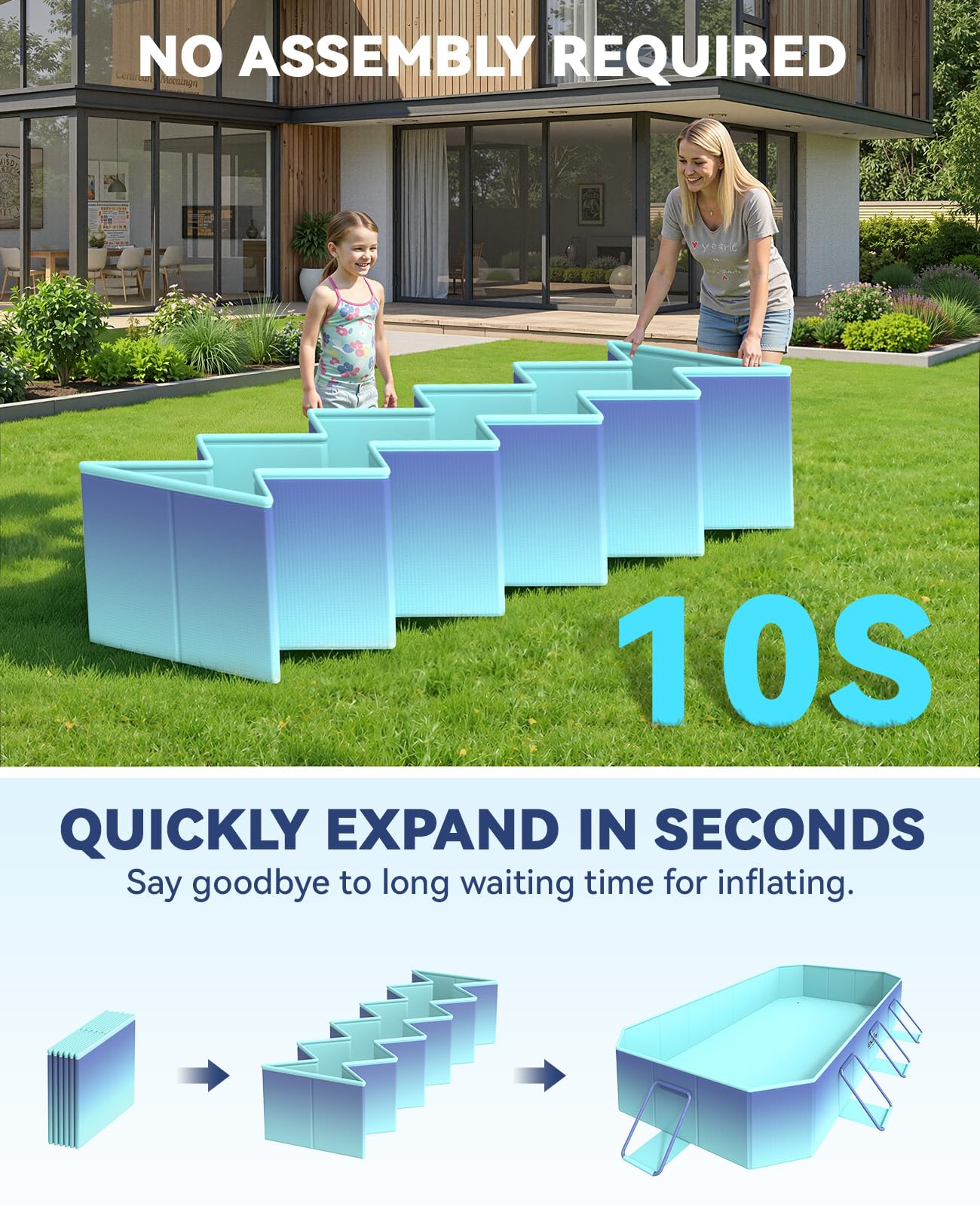 HeySplash Foldable Pool, Non-Inflatable Swimming Pool with Rigid Puncture-Proof Hard Composite Board, Kiddie Pool Outdoor Pool, Adults & Kids Pool for Backyard Garden Dog Pool 114"×70"×19", Ice Blue
