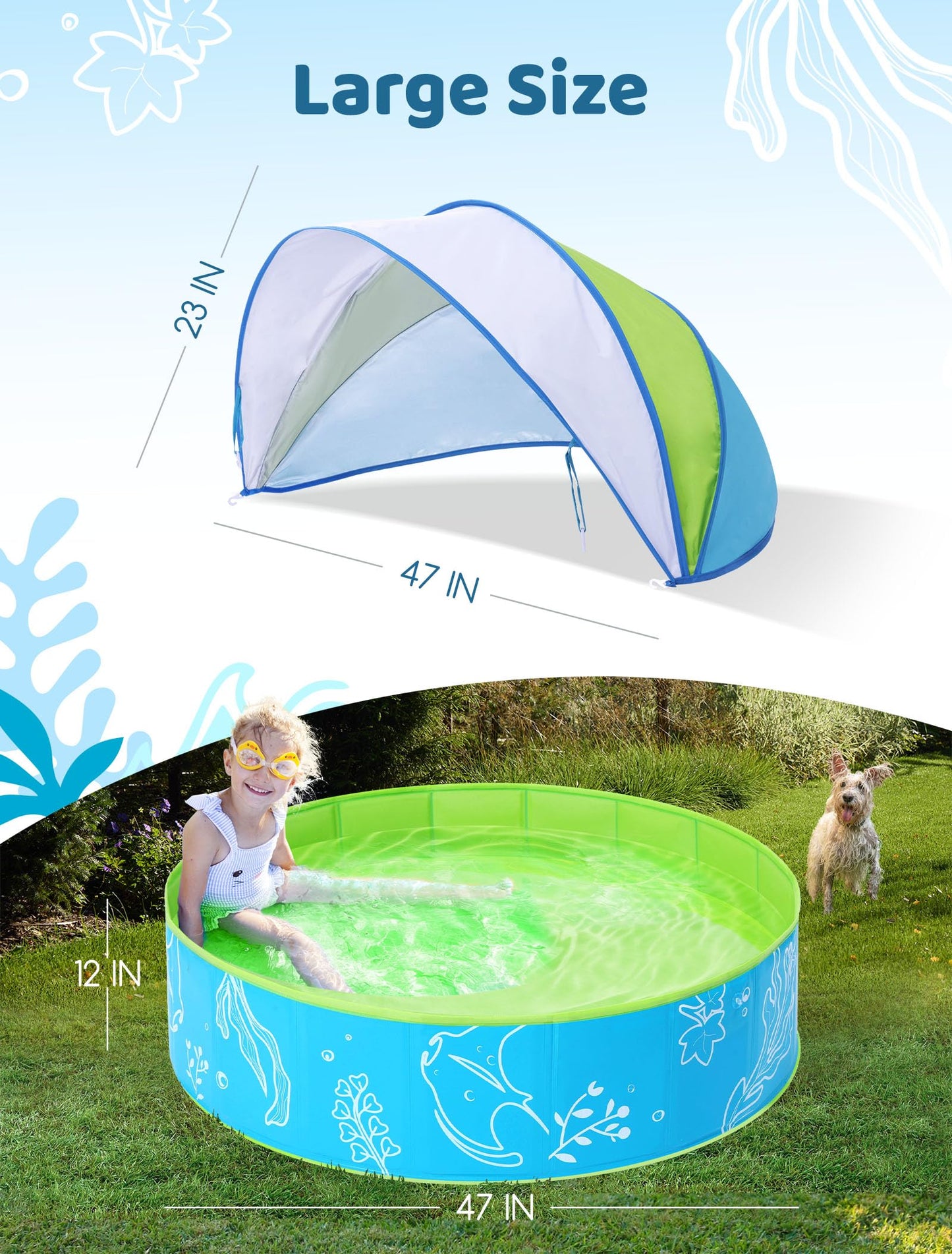 Hikiddy Foldable Kiddie Pool with Canopy: 31.5in/ 47in /63in for Baby Toddler Kids Family - Summer Water Play Pool with Shade - Portable for Outdoor Backyard Beach (Blue-Green, 47in)