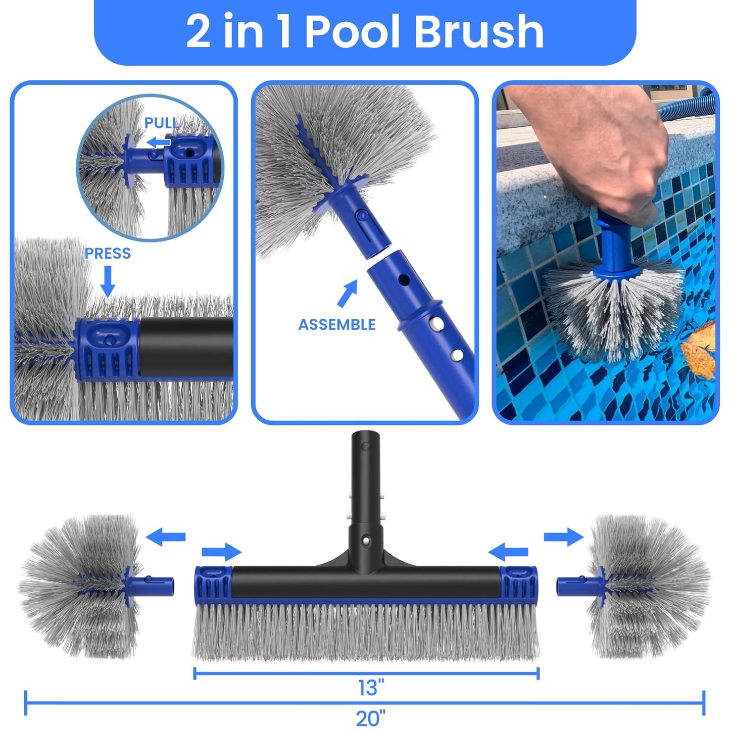 Poolvio Deluxe Swimming Pool Cleaning Kit Including Skimmer Net, 2-in-1 Pool Brush & Weighted Vacuum Head with Wheels for Above Ground & Inground Pools (No Pole)