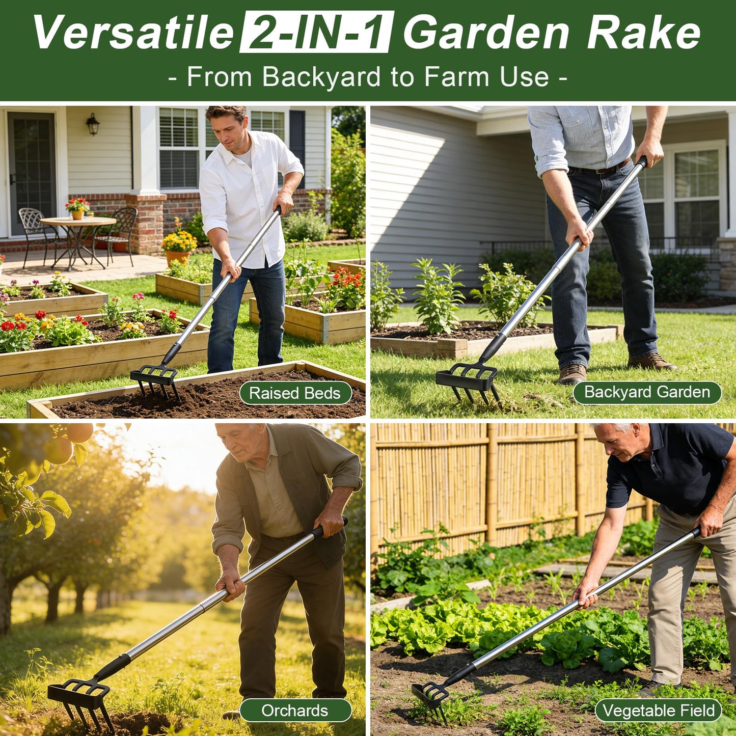 REILEIHODE Hoe Garden Tool for Weeding 2-in-1 Heavy Duty Metal Stirrup Hoe 4 Tines Prong Weed Hoe with 25-74 inch Long Adjustable Handle for Women Kids Men