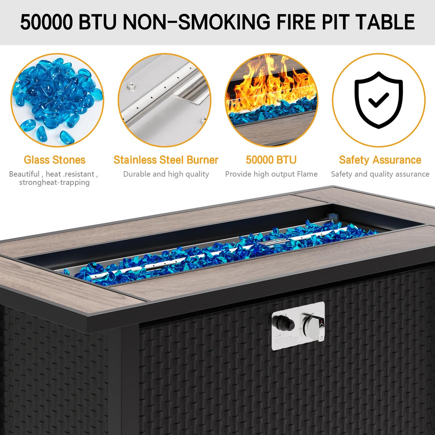 Meilocar 45in Fire Table, Propane Fire Pit with Glass Wind Guard and Rain Cover, Outdoor Firepit Table 50000 BTU 3-in-1 Fire Table for Patio/Yard/Balcony, Walnut Tabletop