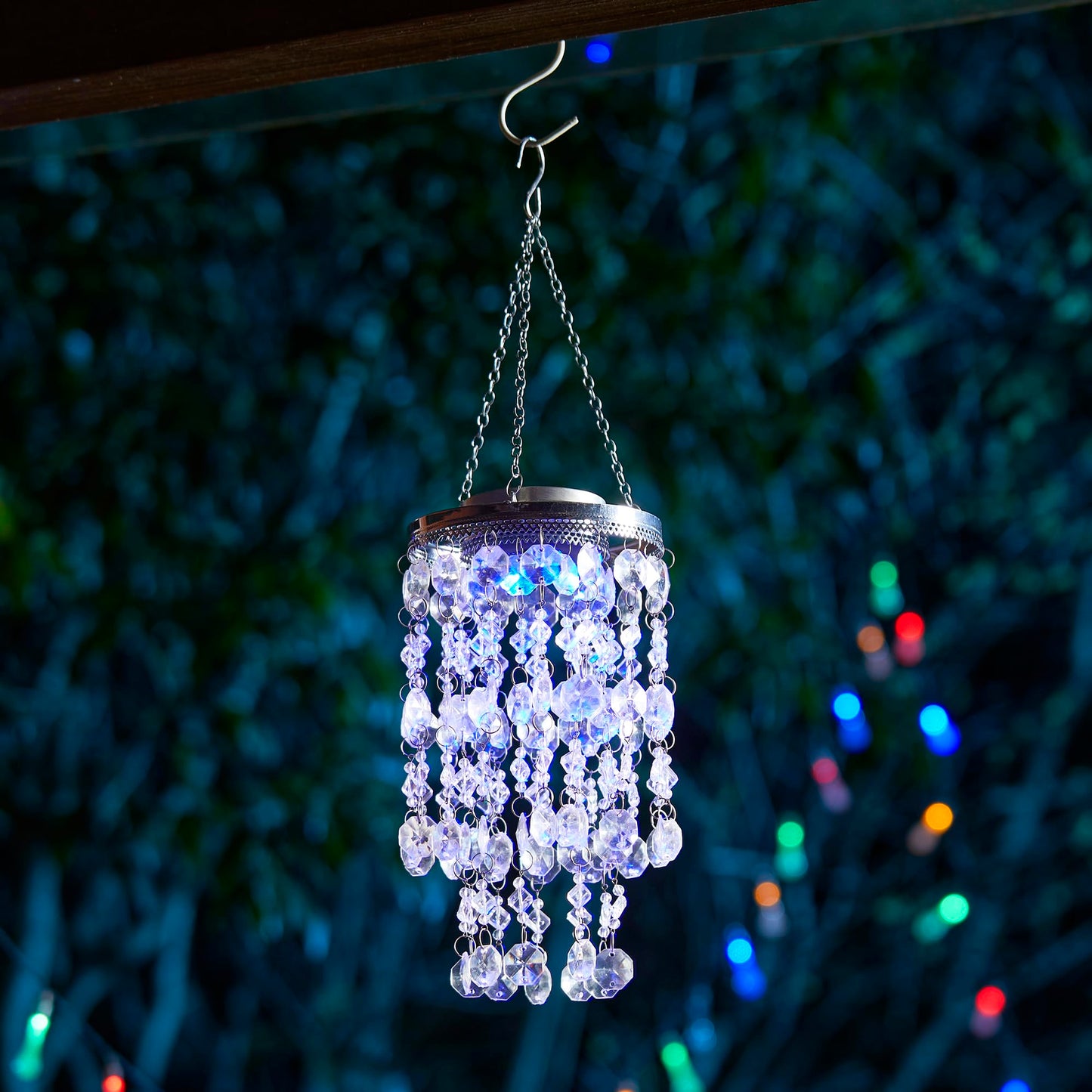 Glitzhome 18.75”H Wind Chime for Outside Solar Wind Chime Hanging Decorative Transparent Acrylic Jewel Beads with Blue LED Light Battery Operated Mini Chandelier for Home Garden Patio Yard