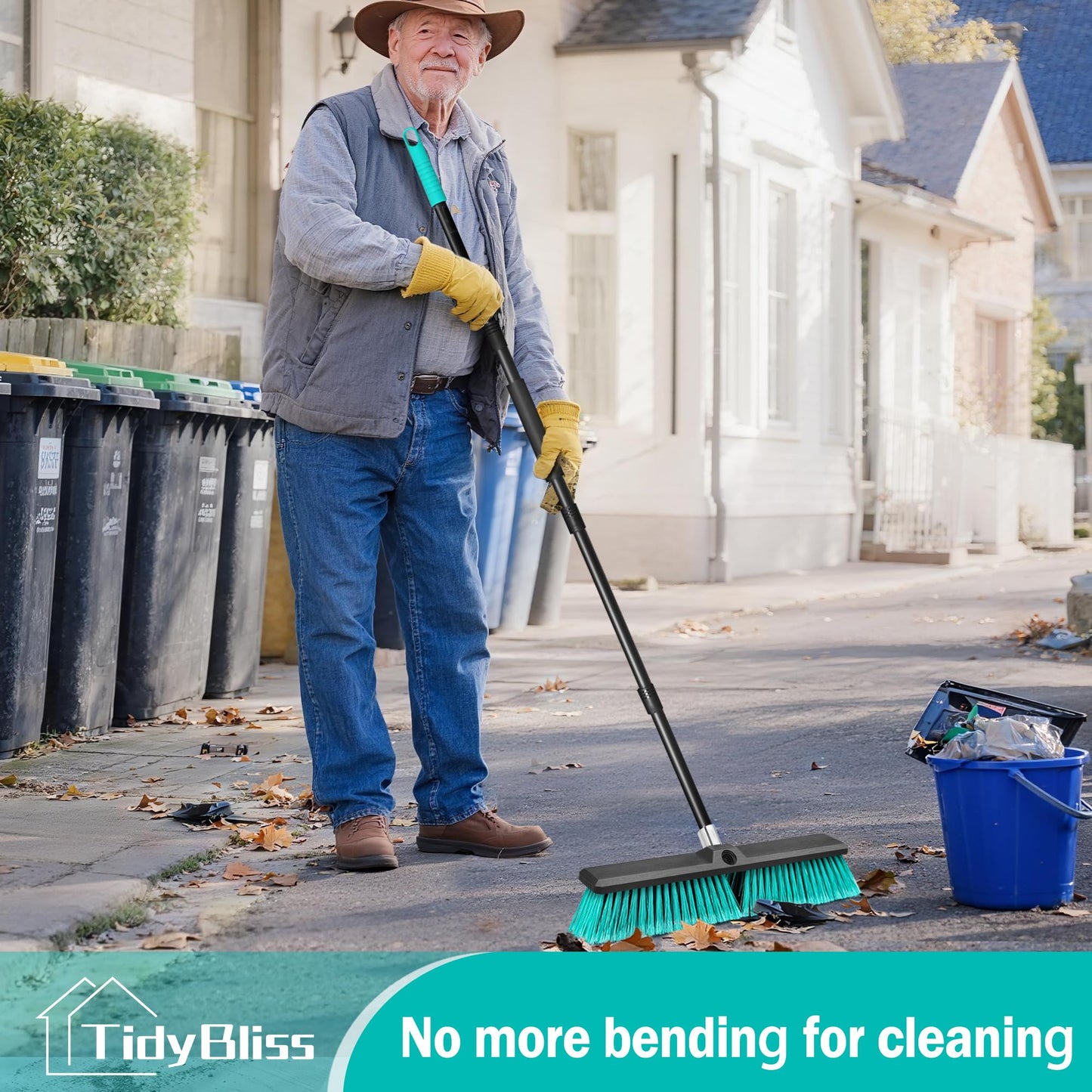 TidyBliss 18” Push Broom Outdoor Heavy Duty 3 Pack, Large Commercial Stiff Bristle Brush with 63 inches Long Handle for Garage Shop Garden Yard Patio Deck Street Warehouse Lawn Driveway (Green)