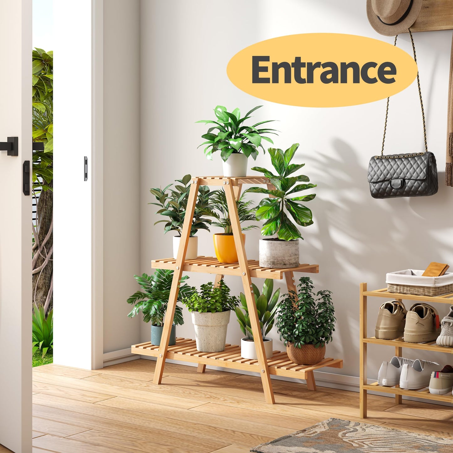Furshus Bamboo Plant Stand - Indoor/Outdoor 3 Tier Plant Ladder, 8 Potted Flower Holder, Natural