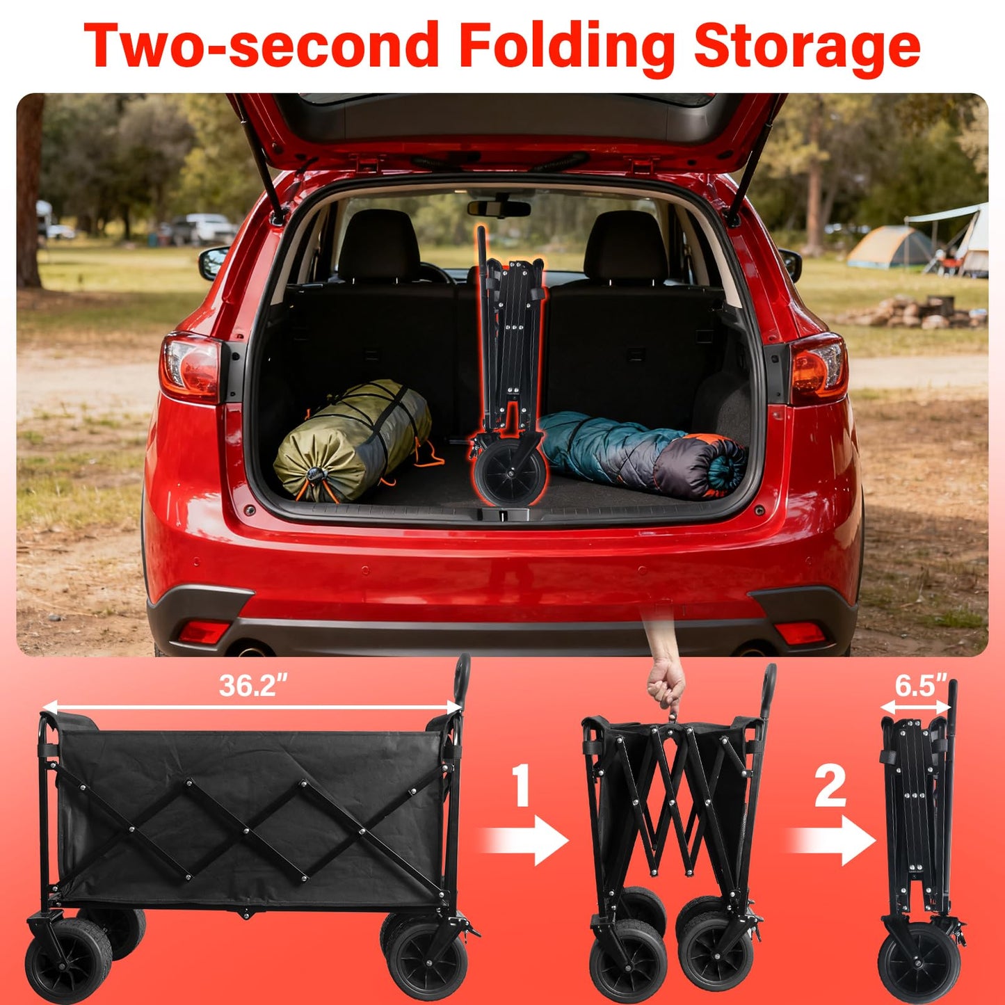 Collapsible Wagon Cart Foldable, 600LBS Beach Wagon with Big All-Terrain Wheels & Brakes, Heavy Duty Folding Utility Carts with Cup Holders for Garden, Camping, Sports, Groceries, Shopping