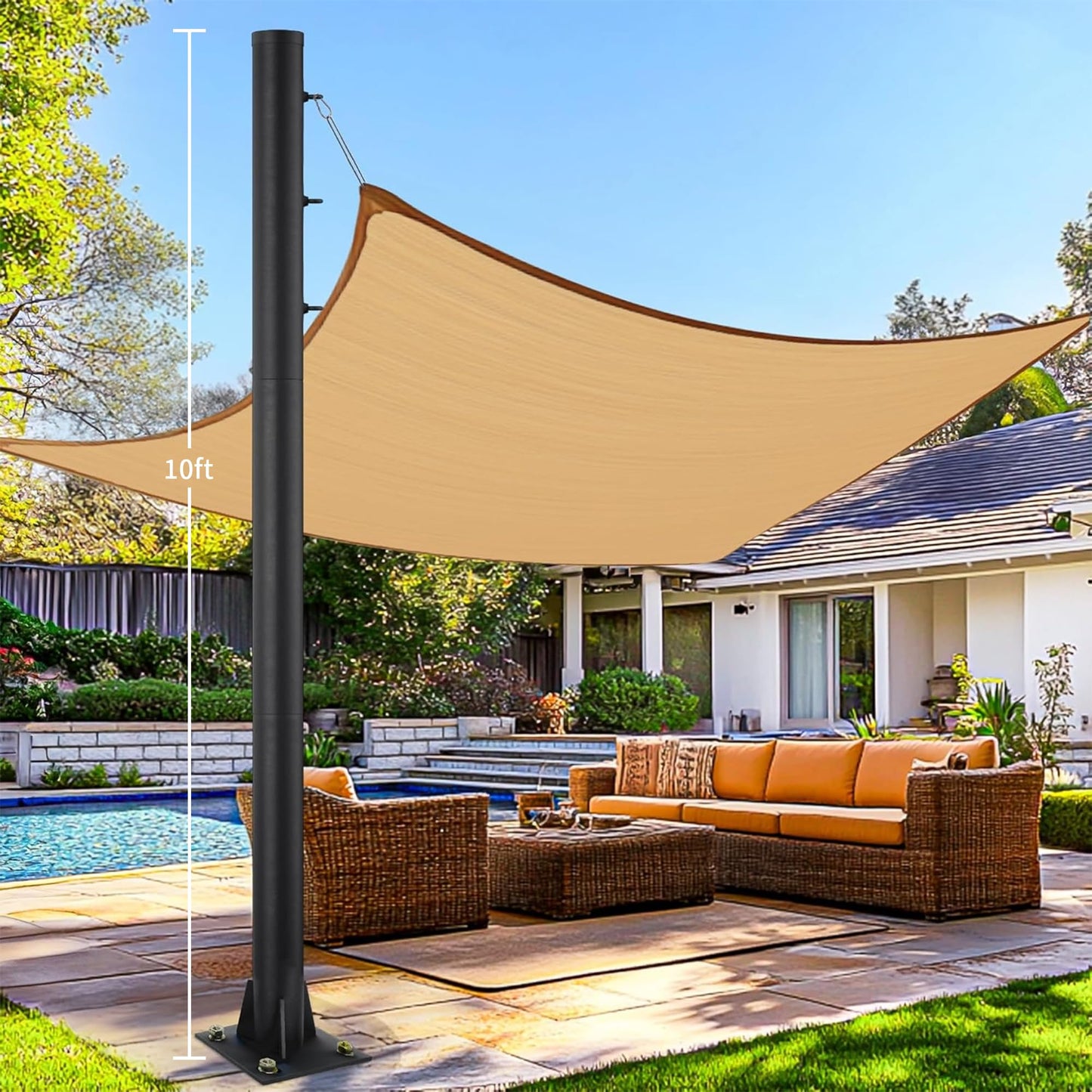 2 Pack Shade Sail Poles, 10 FT Outdoor Sun Shade Poles for Deck, 2.4" Diameter Steel Heavy Duty Shade Pole Kit for Outdoor Shade in Ground and Backyards, Patio, Deck, Black Three Ring Sun Shade Pole