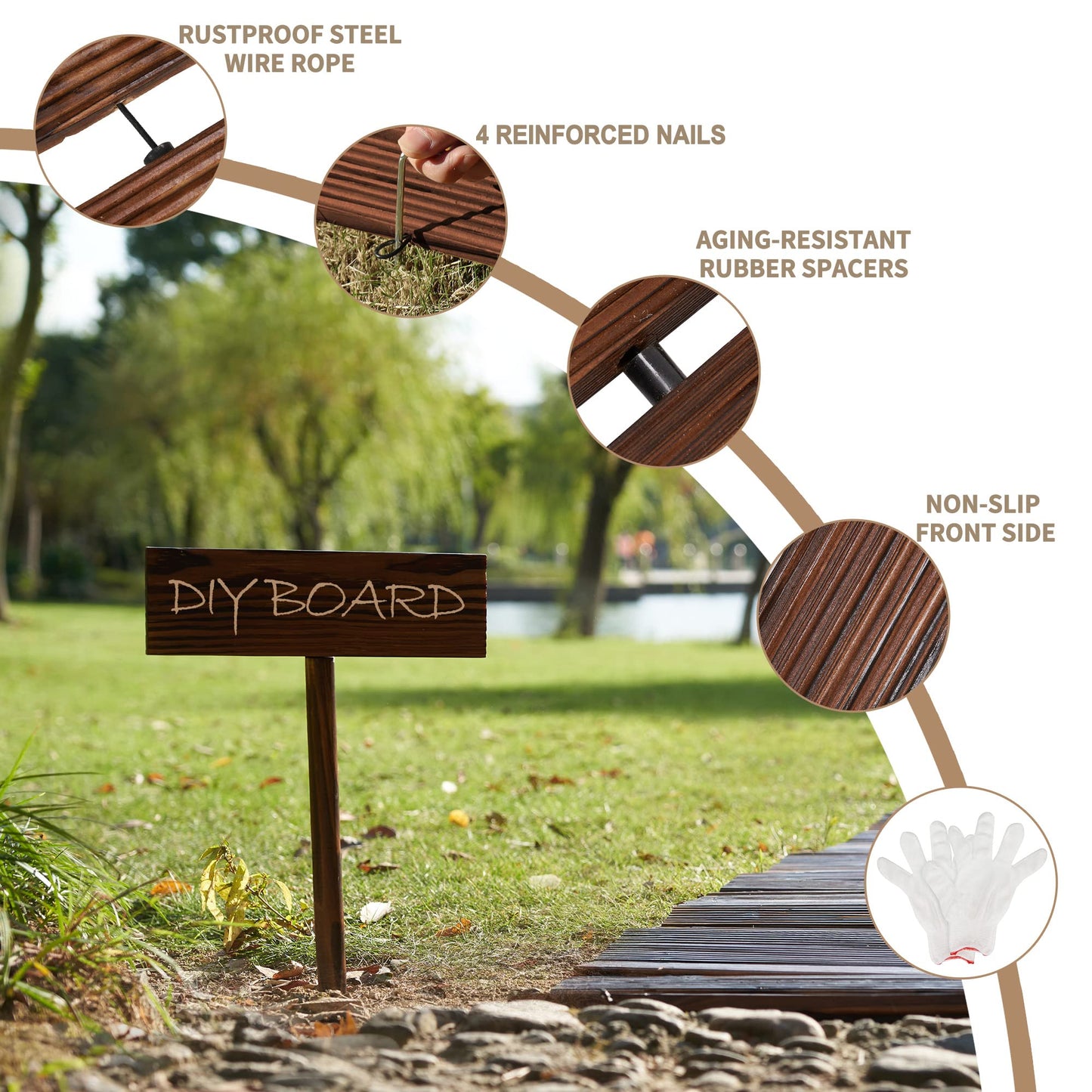Spurgehom 7FT Wooden Garden Pathway Curved Outdoor Walkway Roll Out Cedar Wood Patio Flooring Path Decorative Lawn Patio Pavers Boardwalk Beach Wedding Party (Brown)