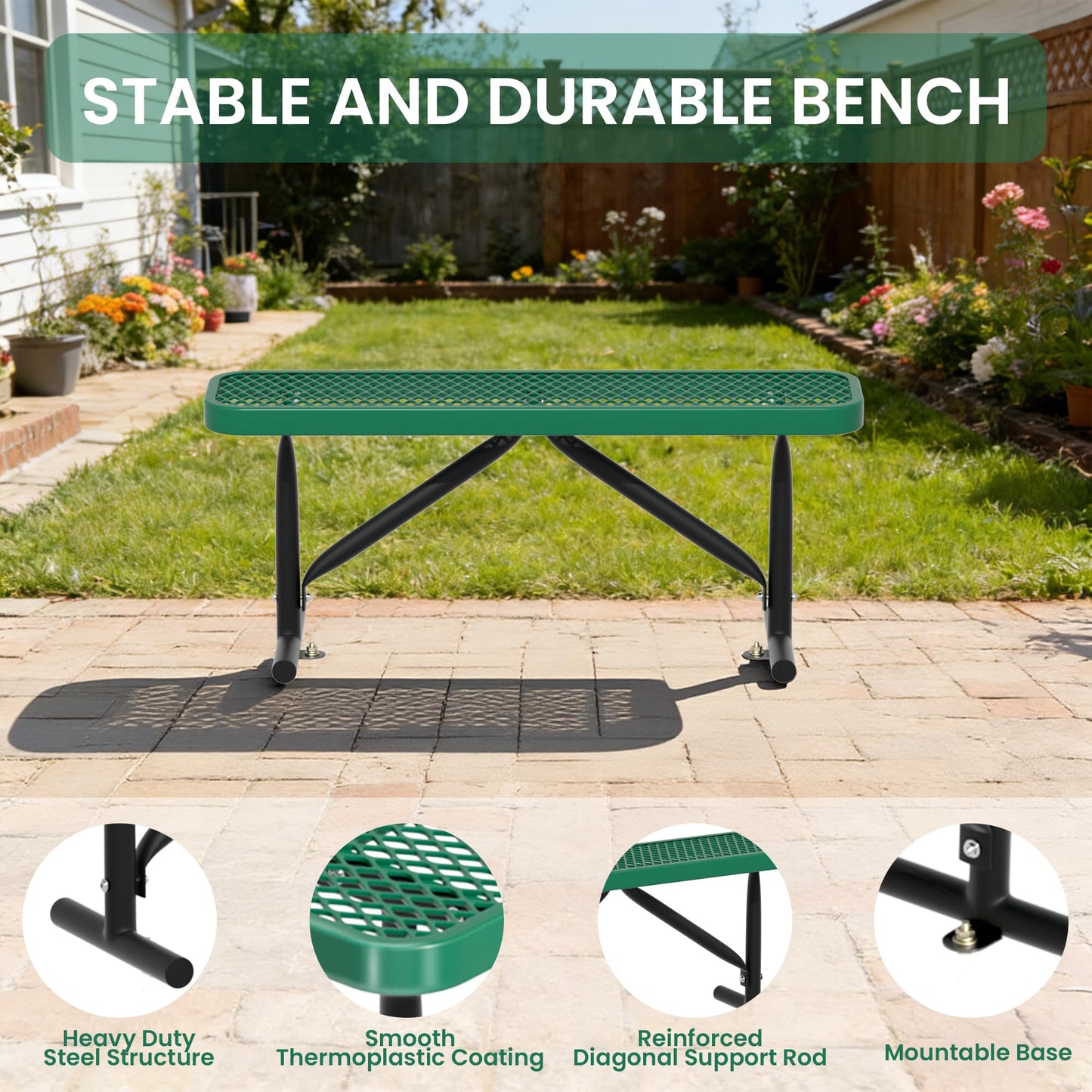 Hillzzer 4FT Metal Park Bench for Outside, Heavy-Duty Outdoor Bench with Thermoplastic-Coated, Weatherproof Steel Mesh Bench for Parks, Gardens, Patios, Stores, Green