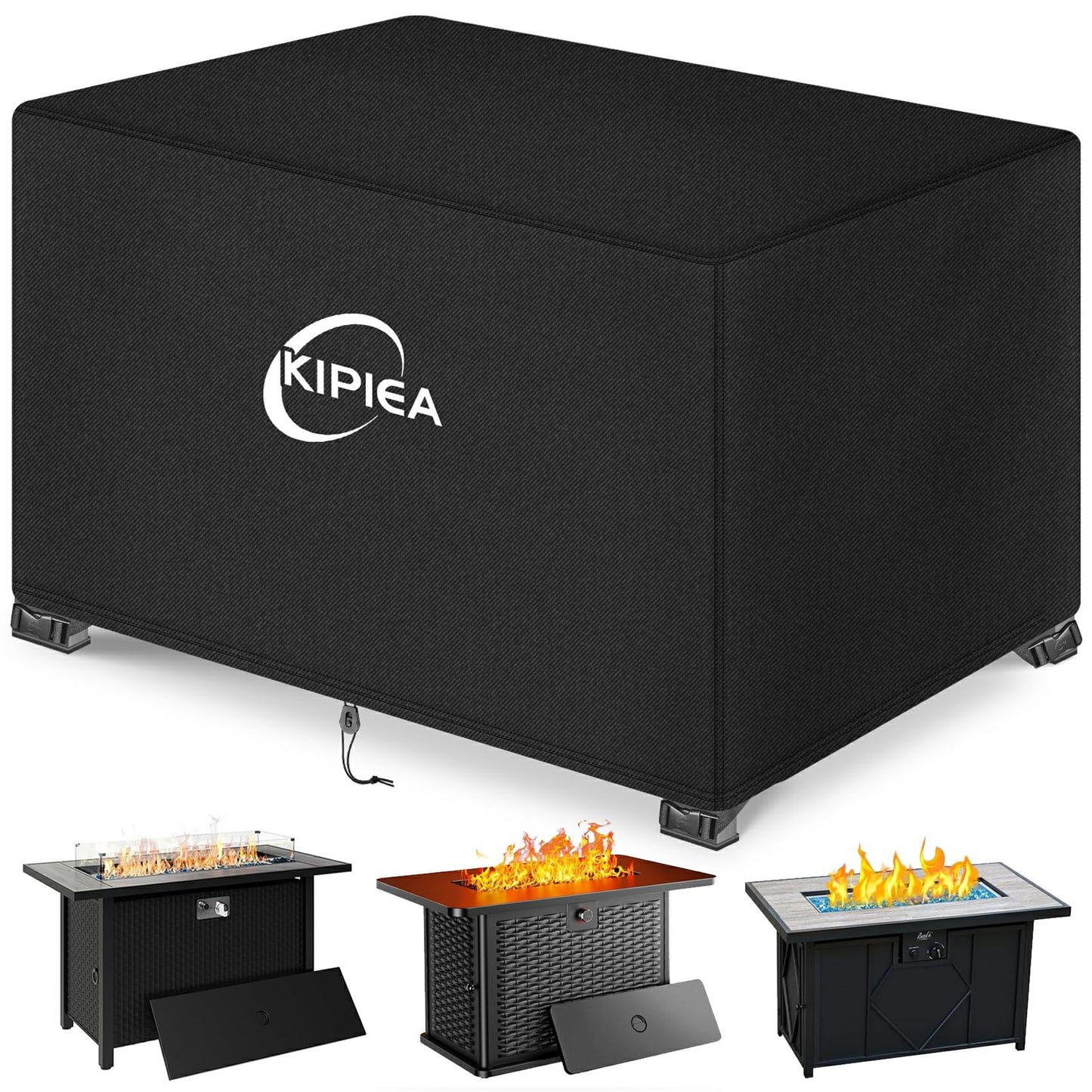Kipiea Rectangular Fire Pit Cover – Upgraded 600D Heavy Duty, 100% Waterproof Propane Fire Table Cover, UV and Tear Resistant Outdoor Fire Pit Table Cover for 42" L x 24" W x 24" H, Black