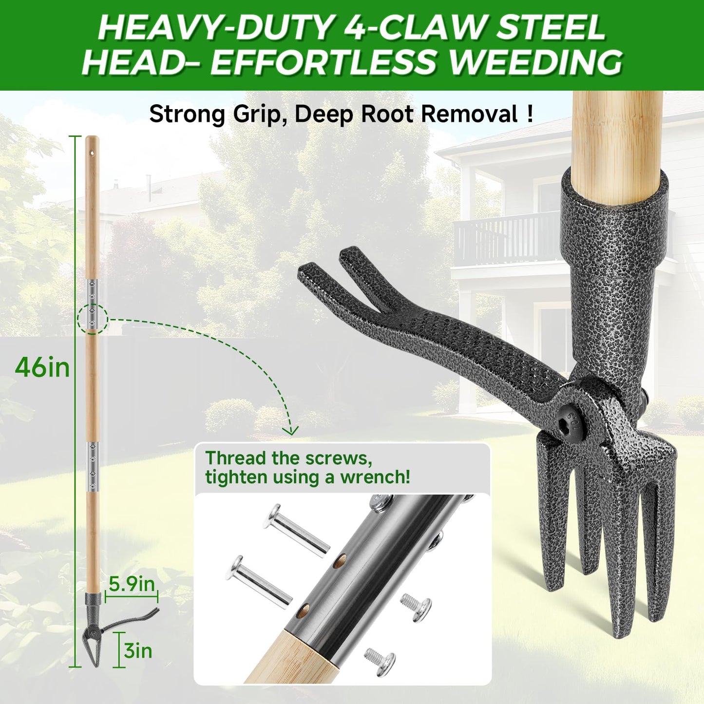 RexWeed Weed Puller Tool, Stand Up Heavy Duty Root Removal Tool with 4-Claw Head & Long Handle, Garden Hand Weeding Tool - Easily Remove Weeds Without Bending, Pulling,or Kneeling