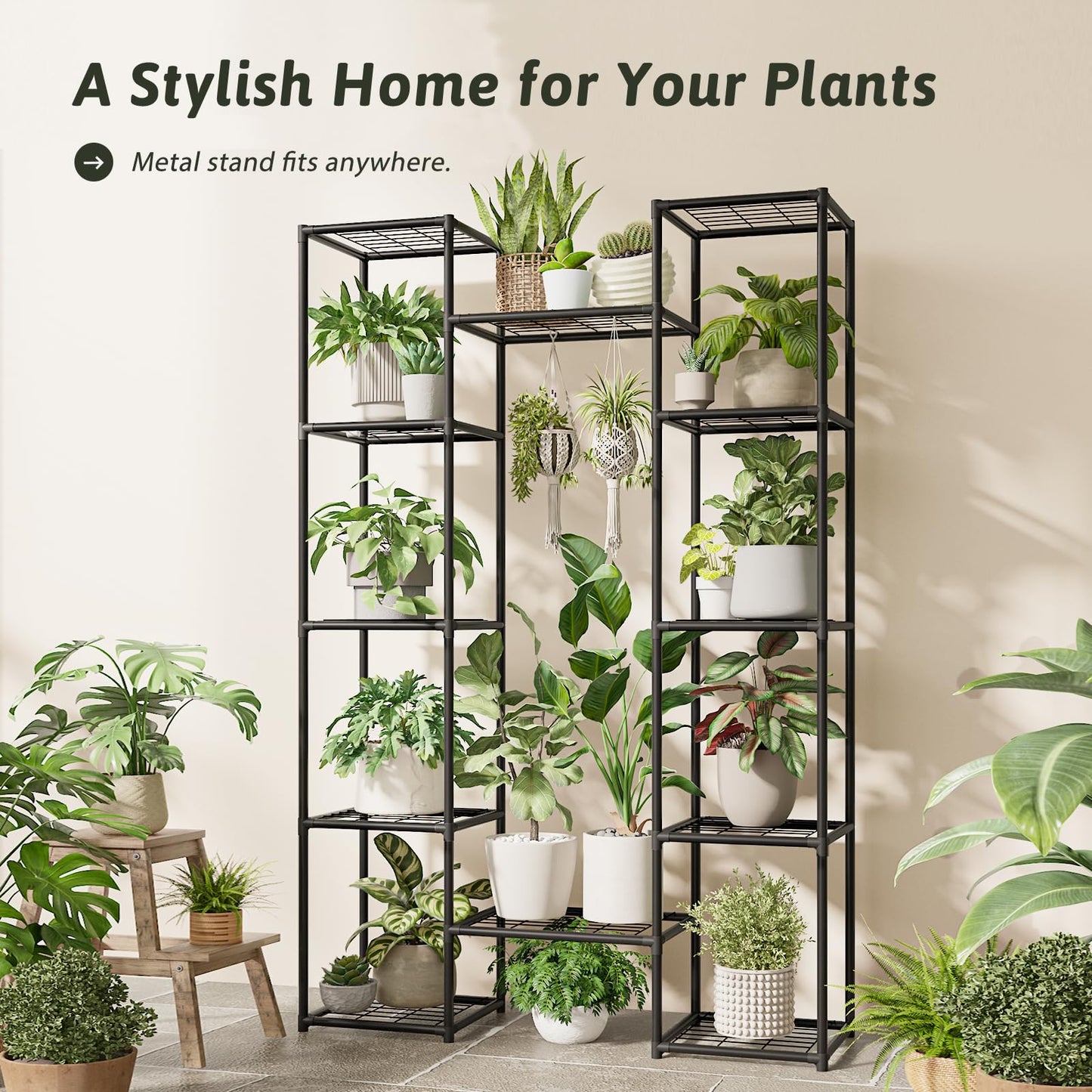 GENTINGBRO Metal Plant Stand Outdoor 62.2" Tall Plant Shelf for Plants 12 Pots Large Plant Sheves for Indoor Plants Living Room Heavy Duty Rack Garden Balcony Patio Hanging Planter