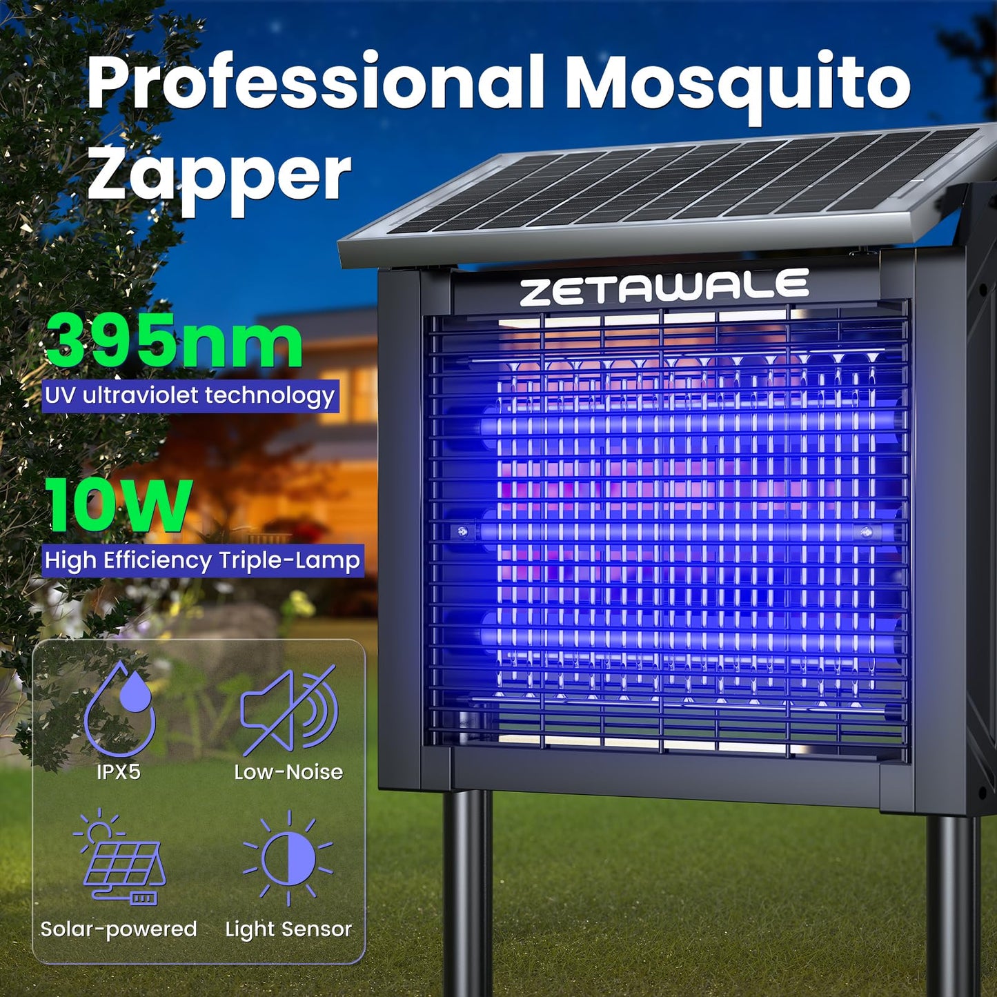 ZETAWALE Solar Bug Zapper Outdoor Mosquitos Zapper Solar Powered Bug Zapper Outdoor Camping Fly Control for 2000 sq.ft Waterproof Fly Killer Solar Mosquito Zapper for Garden Lawn and Back Yard (10W)